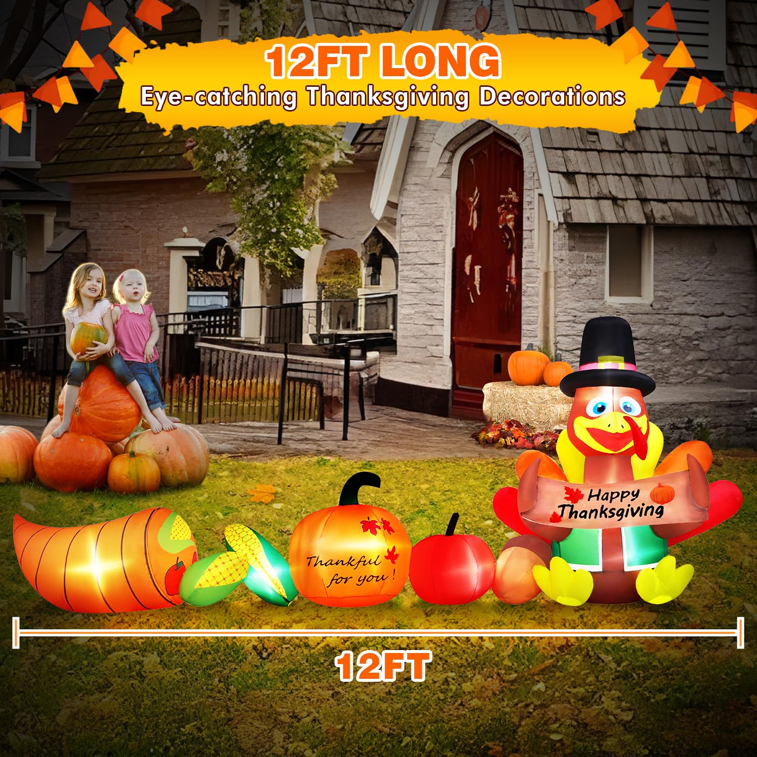 12FT Long Thanksgiving Inflatable Turkey with Pumpkins & Corn