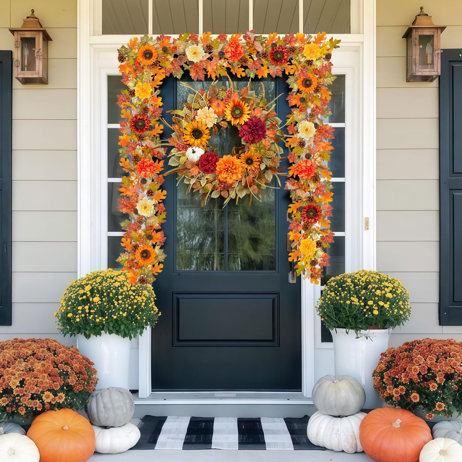 6ft Fall Garland with Lights, Sunflower, Hydrangea, Fall Leaves Indoor/Outdoor