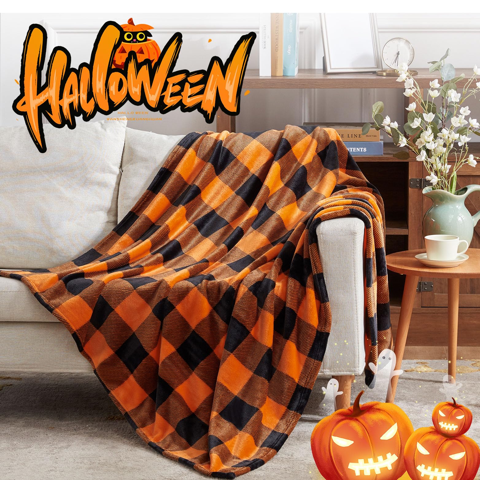 Halloween-themed checkered blanket draped over a couch with pumpkins and 'Halloween' text.