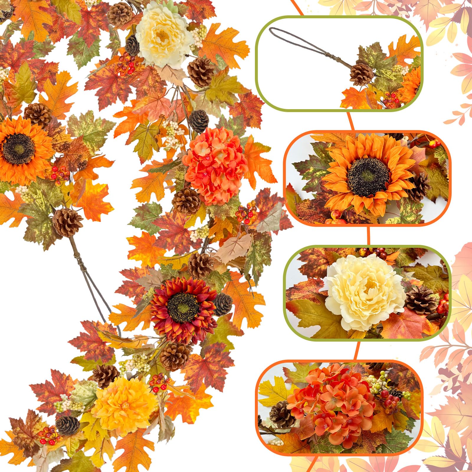 6ft Fall Garland with Lights, Sunflower, Hydrangea, Fall Leaves Indoor/Outdoor