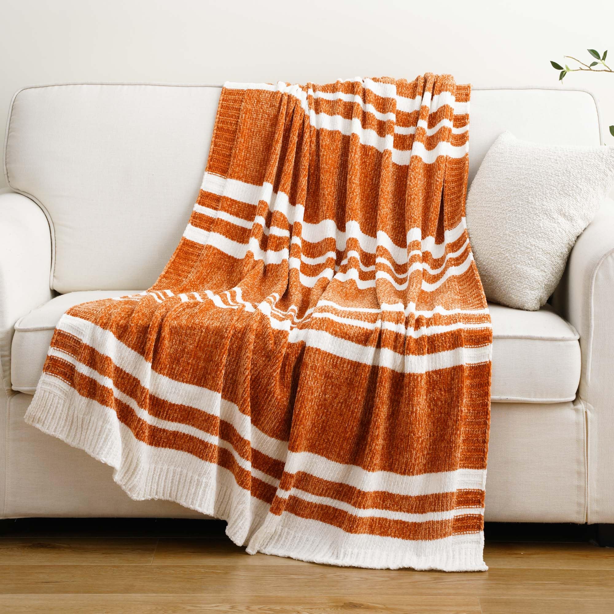 Burnt Orange & White Striped Throw Blanket for Couch, Chenille Knit Blanket