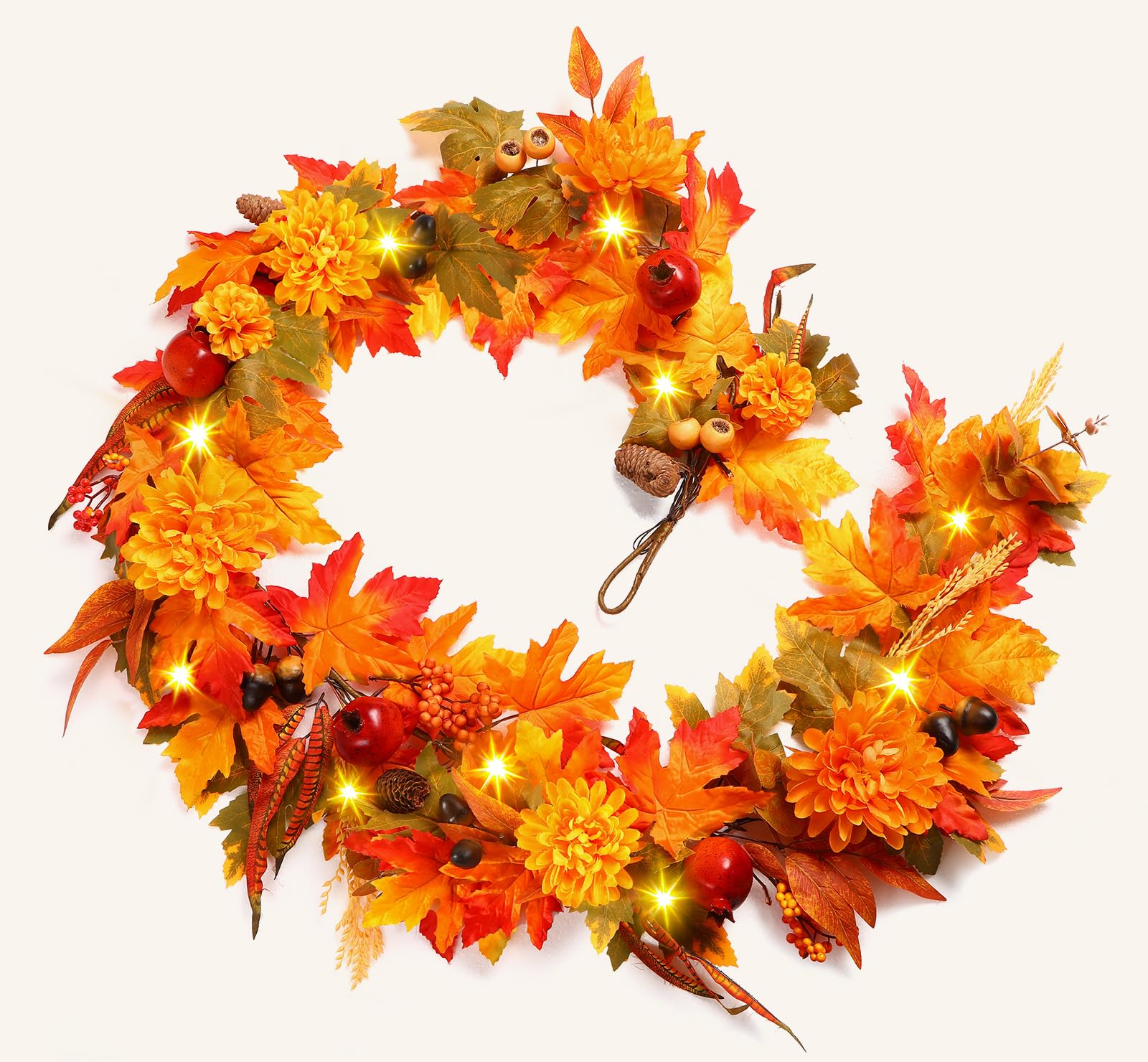 6FT Pre-Lit Realistic Fall Garland, Autumn Leaves & Chrysanthemum Indoor/Outdoor