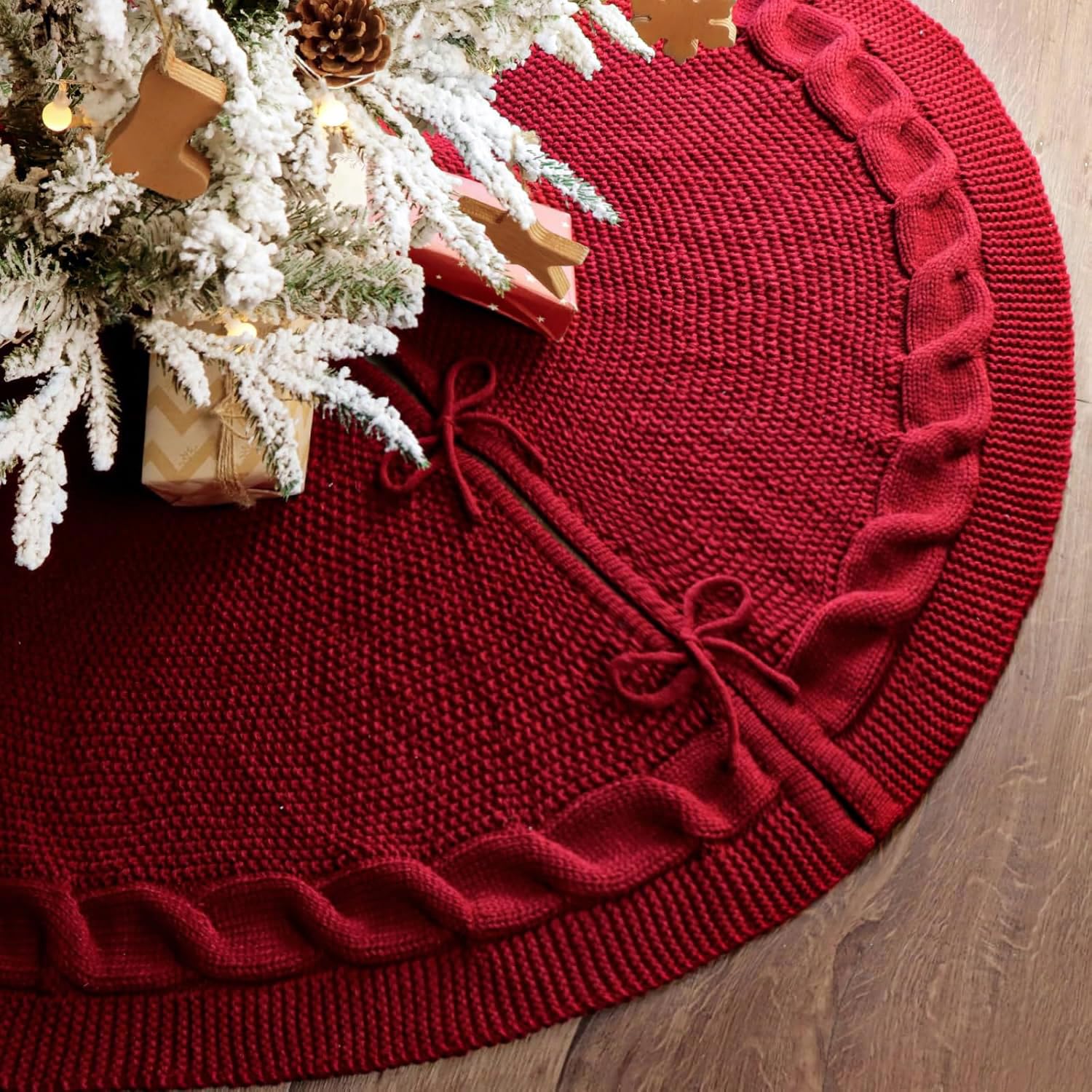 LimBridge Knitted Christmas Tree Skirt: 48 Inches Wine Red Tree Skirt, Chunky Cable Knit Thick Rustic Christmas Tree Decorations, Farmhouse Christmas Decor Xmas Holiday Home Party Decorations