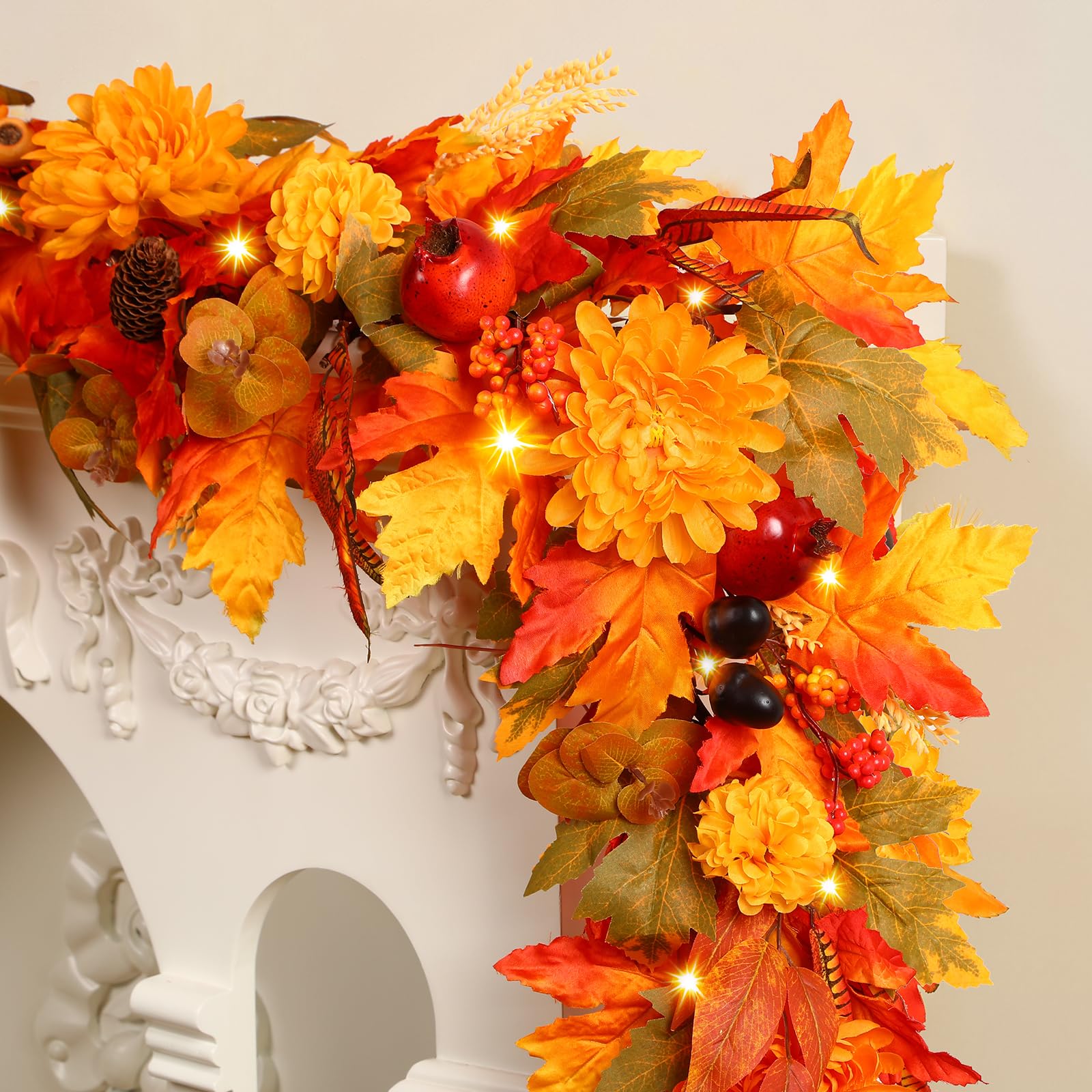 6FT Pre-Lit Realistic Fall Garland, Autumn Leaves & Chrysanthemum Indoor/Outdoor