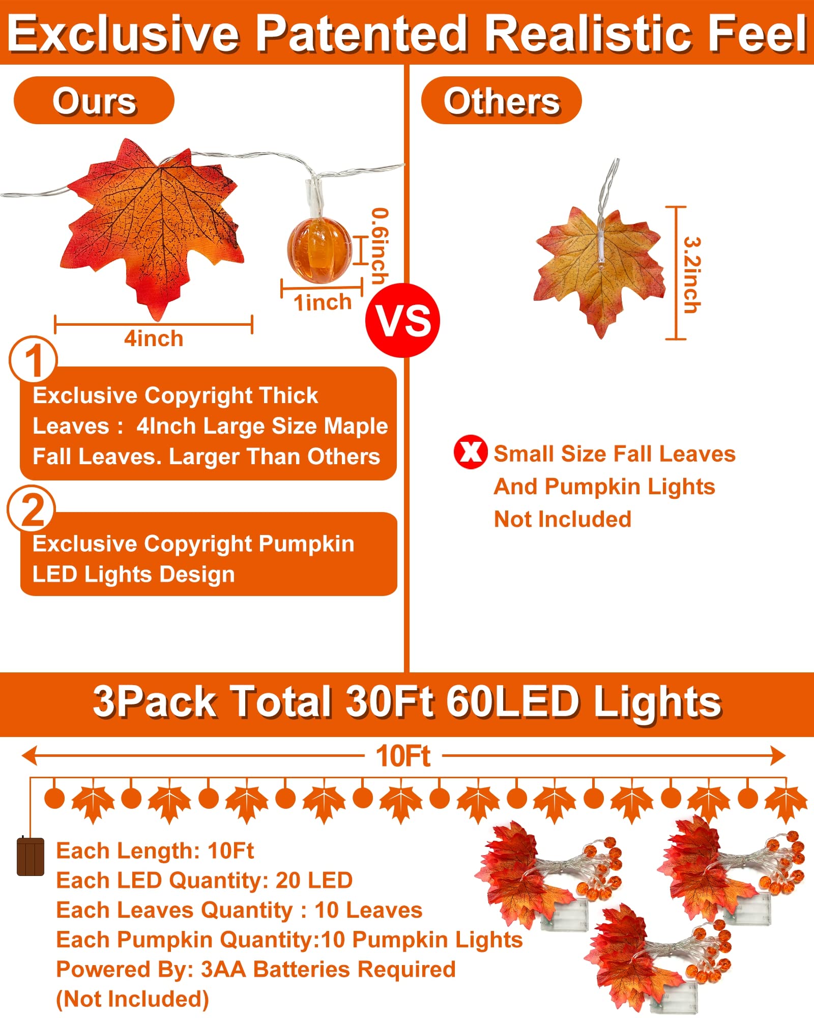 3 Pack Fall Garland with Pumpkin Lights & Enlarged Maple Fall String Lights