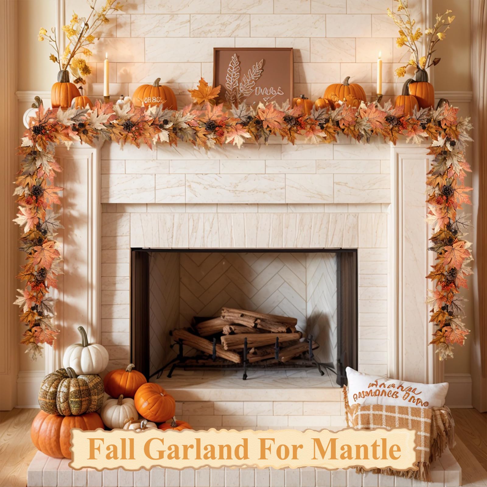 6 FT Fall Garland with Lights, Fall Leaves Garland with Berries & Pine Cones