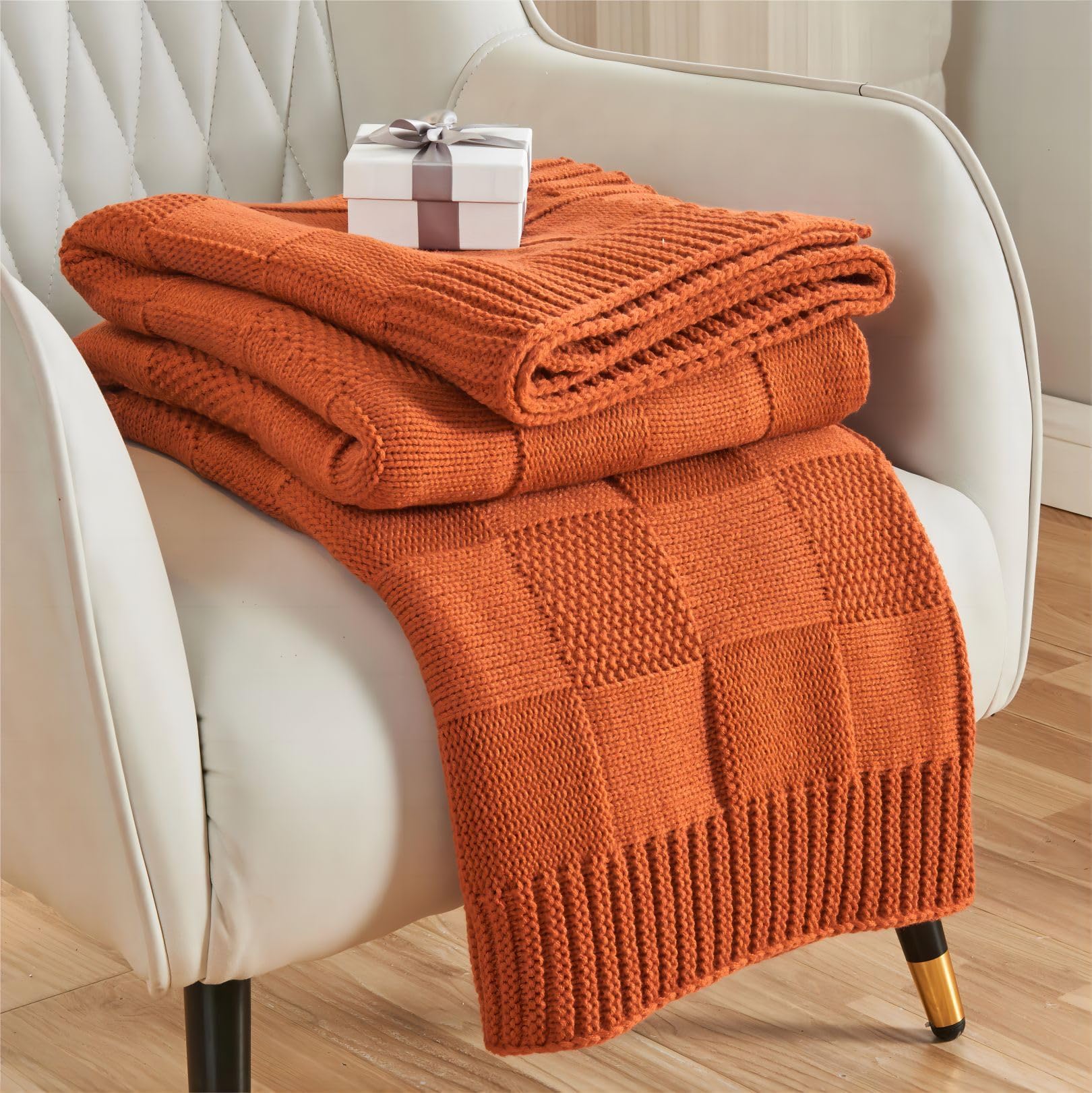 Knit Orange Checkered Throw Blanket for Fall 50"X60", Rust Orange