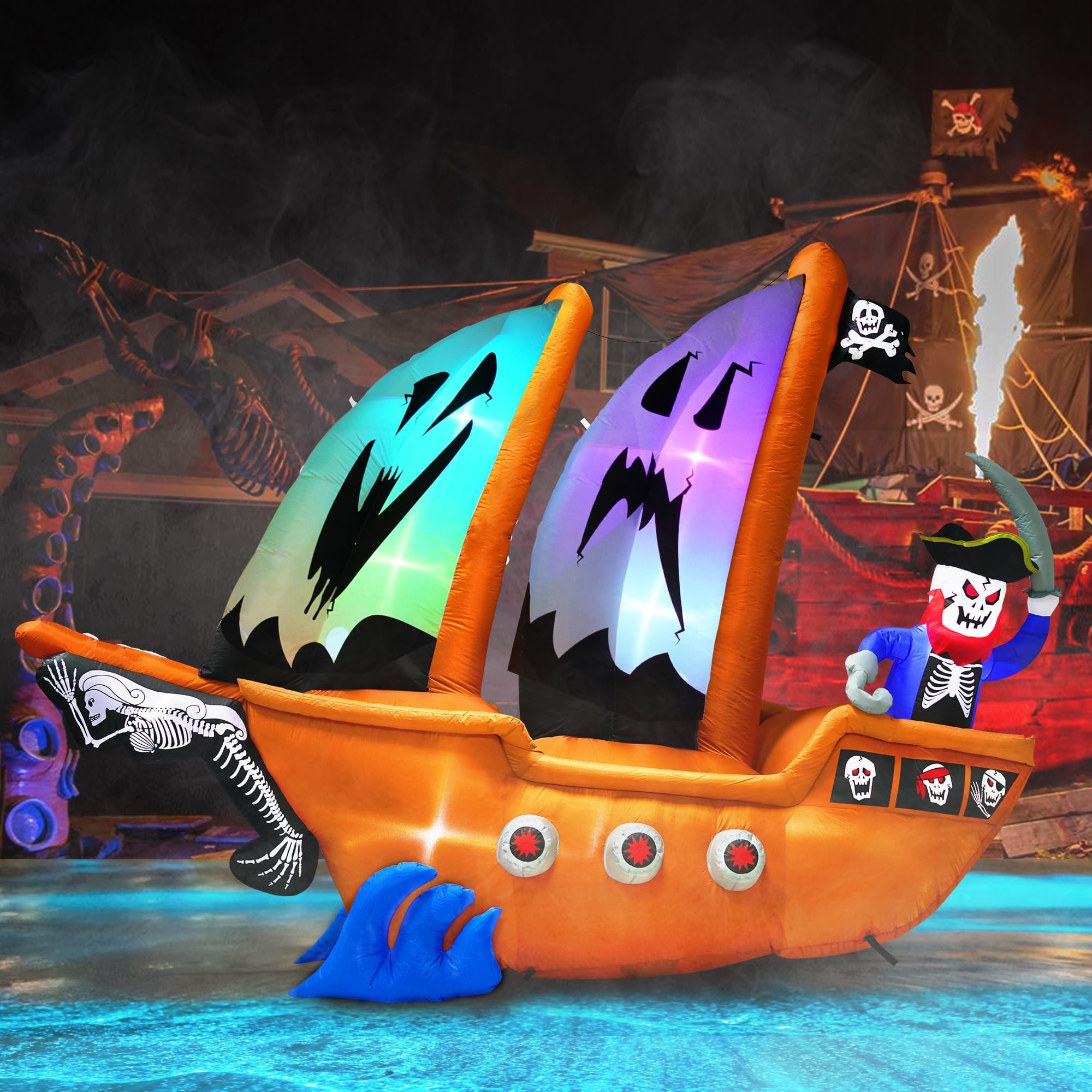 10FT Length Halloween Inflatable Pirate Ship and Pirate Skeleton