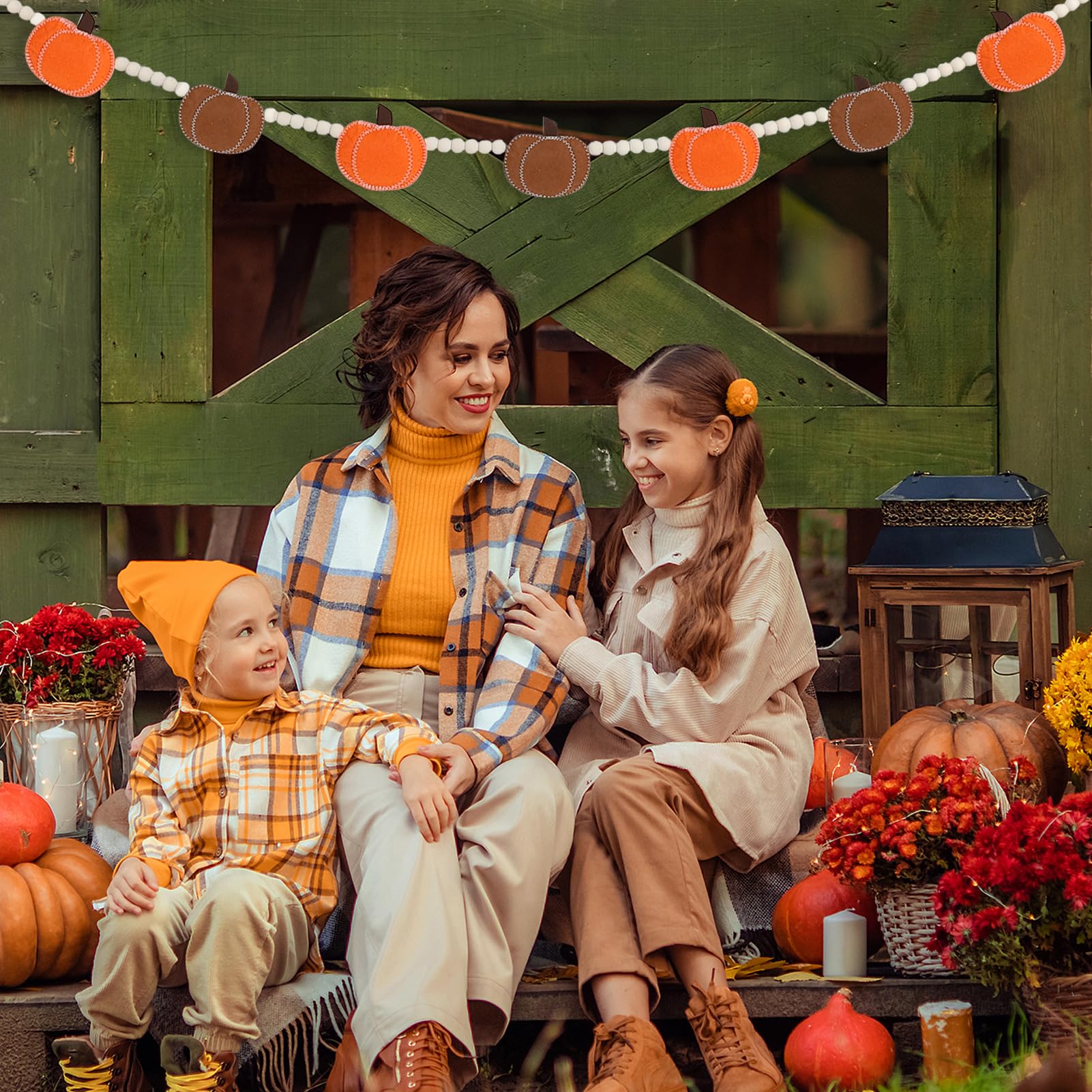 Felt Pumpkin Garland and Wood Bead for Fall Decorations Indoor