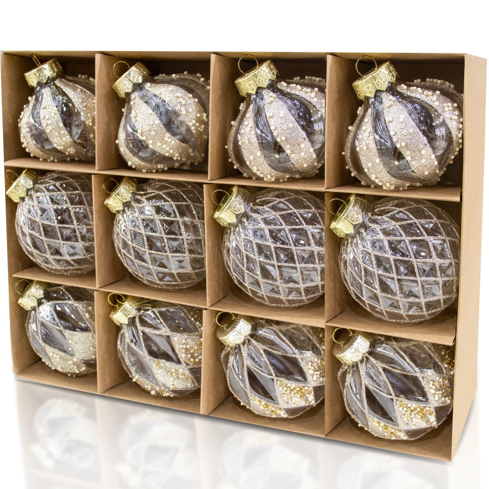 12 PCS 3.15 Inch Clear and Champagne Christmas Ball Ornaments