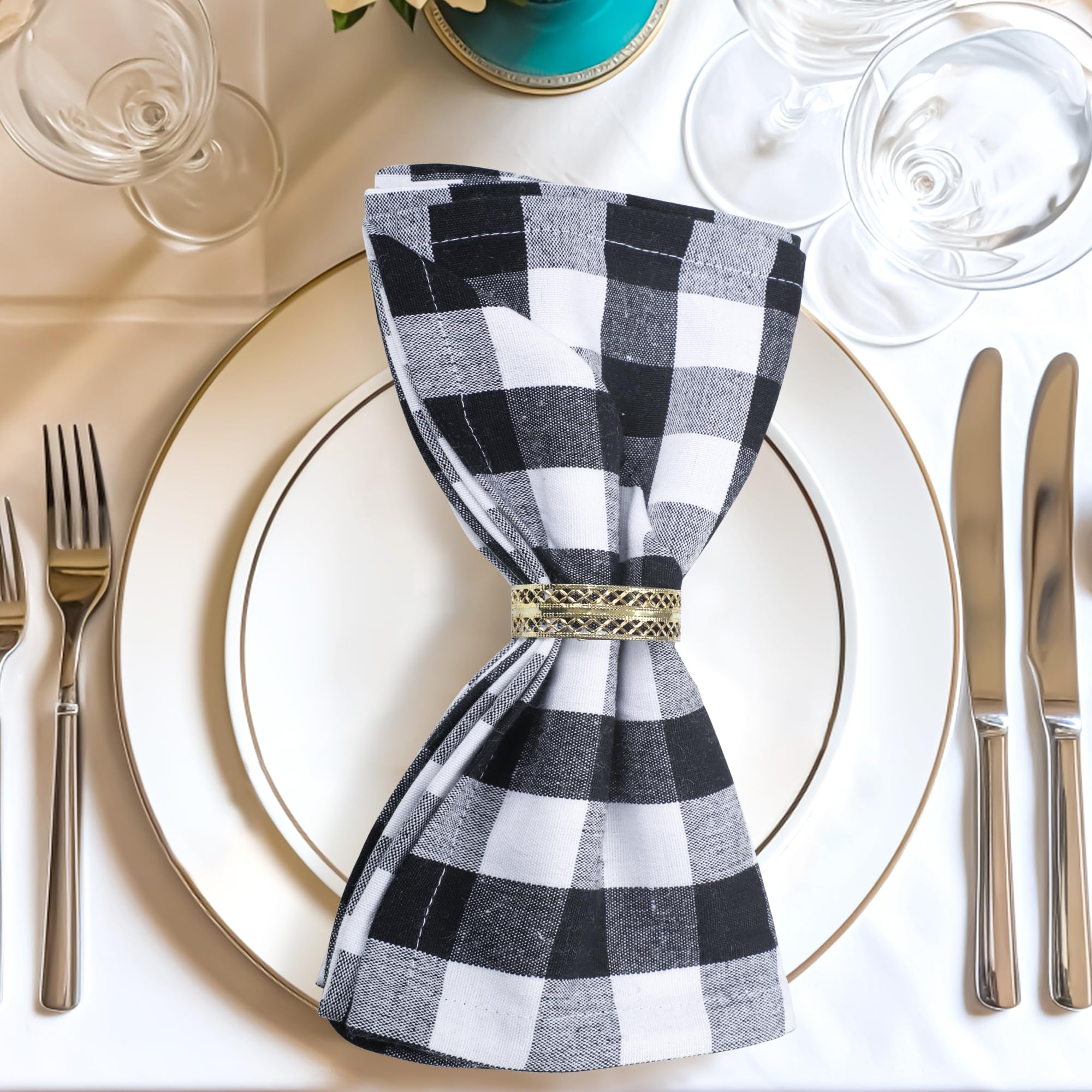 12 Pack Dinner Napkins Black and White Gingham Buffalo Plaid