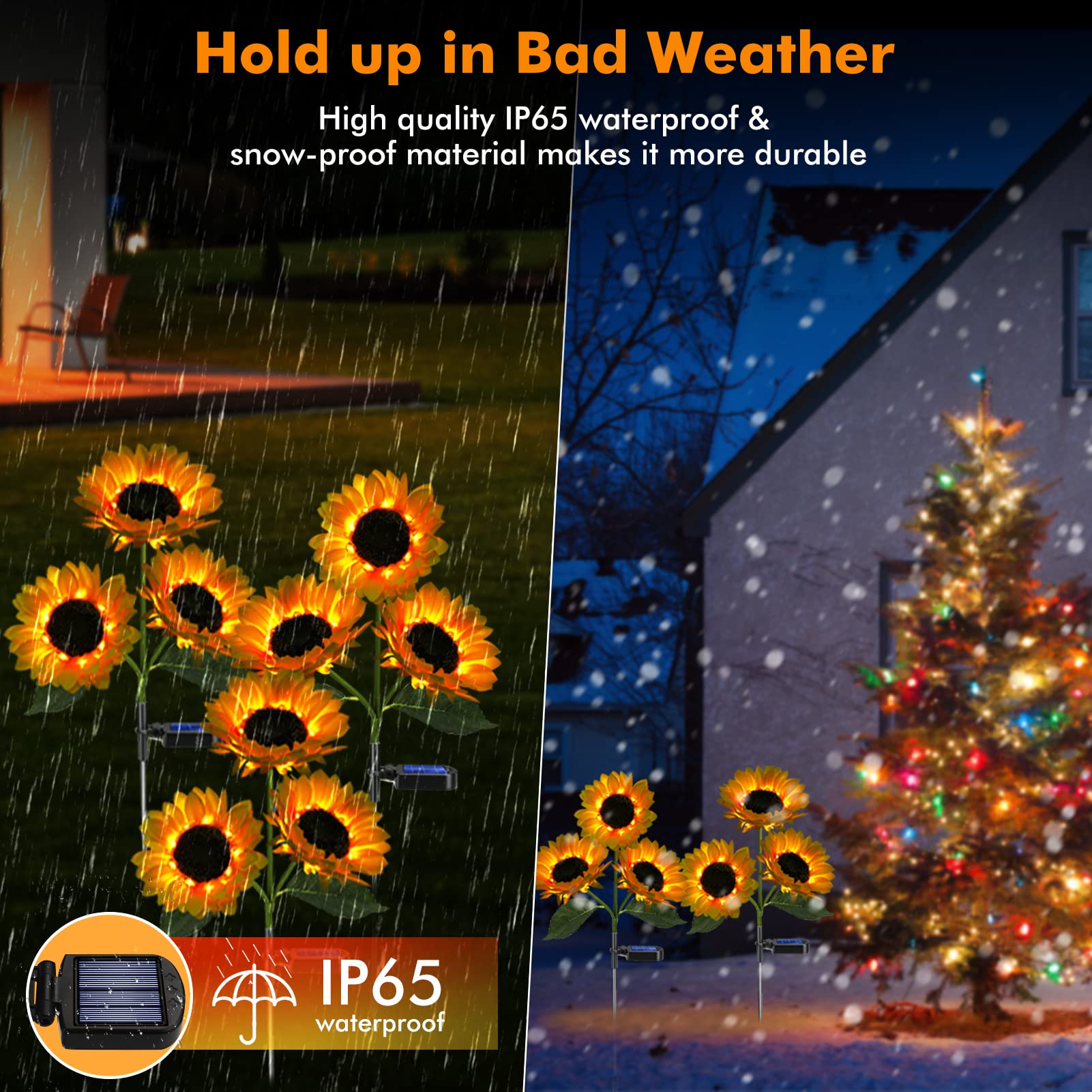 Solar-powered sunflower lights with IP65 waterproof label, shown in rain and snow.