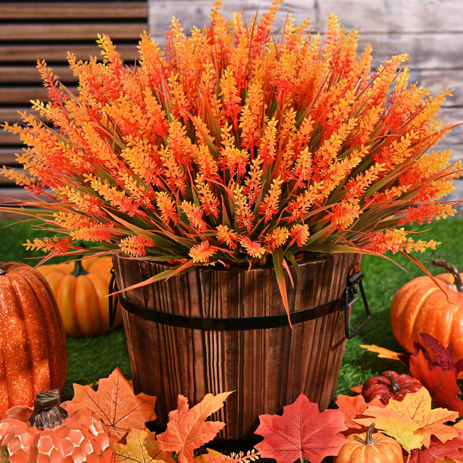 20 Bundles Orange UV Resistant Faux Mums for Outdoor Planters