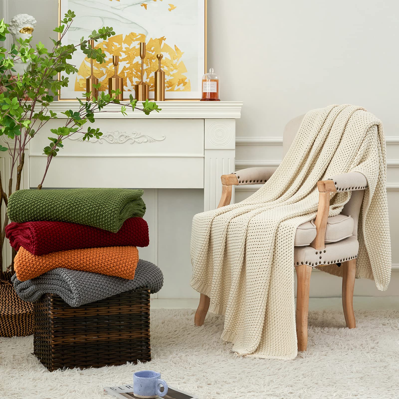 Chunky Cable Knit Throw Blanket Lightweight Olive Green