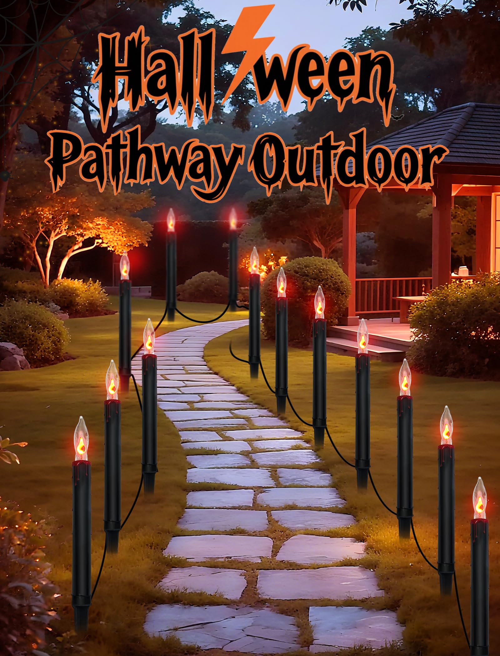 19.5Ft 10 Flicker Flame Black Candles Stakes Outdoor Pathway Lights Waterproof