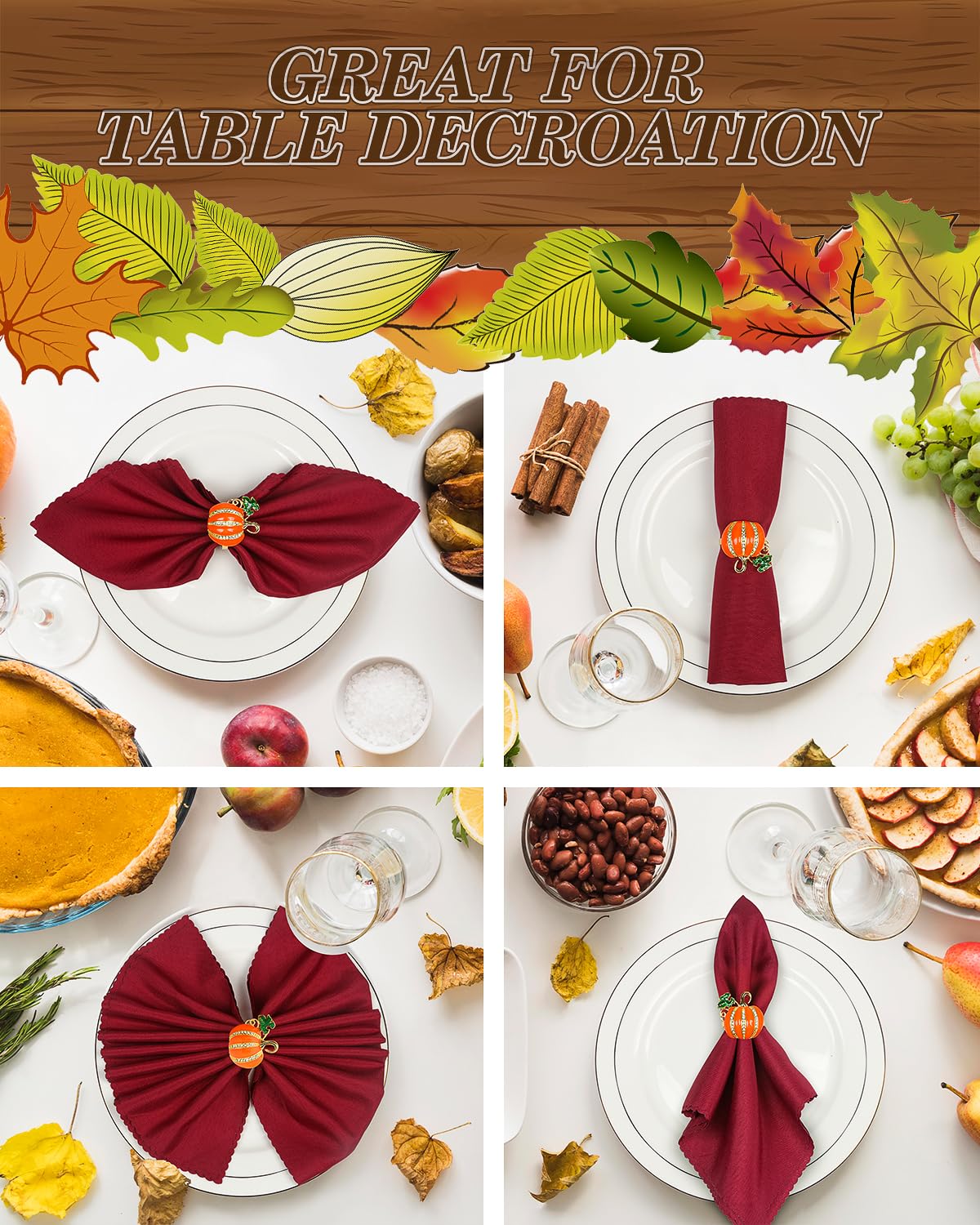 12 Pcs Orange Pumpkins Maple Leaves Napkin Rings