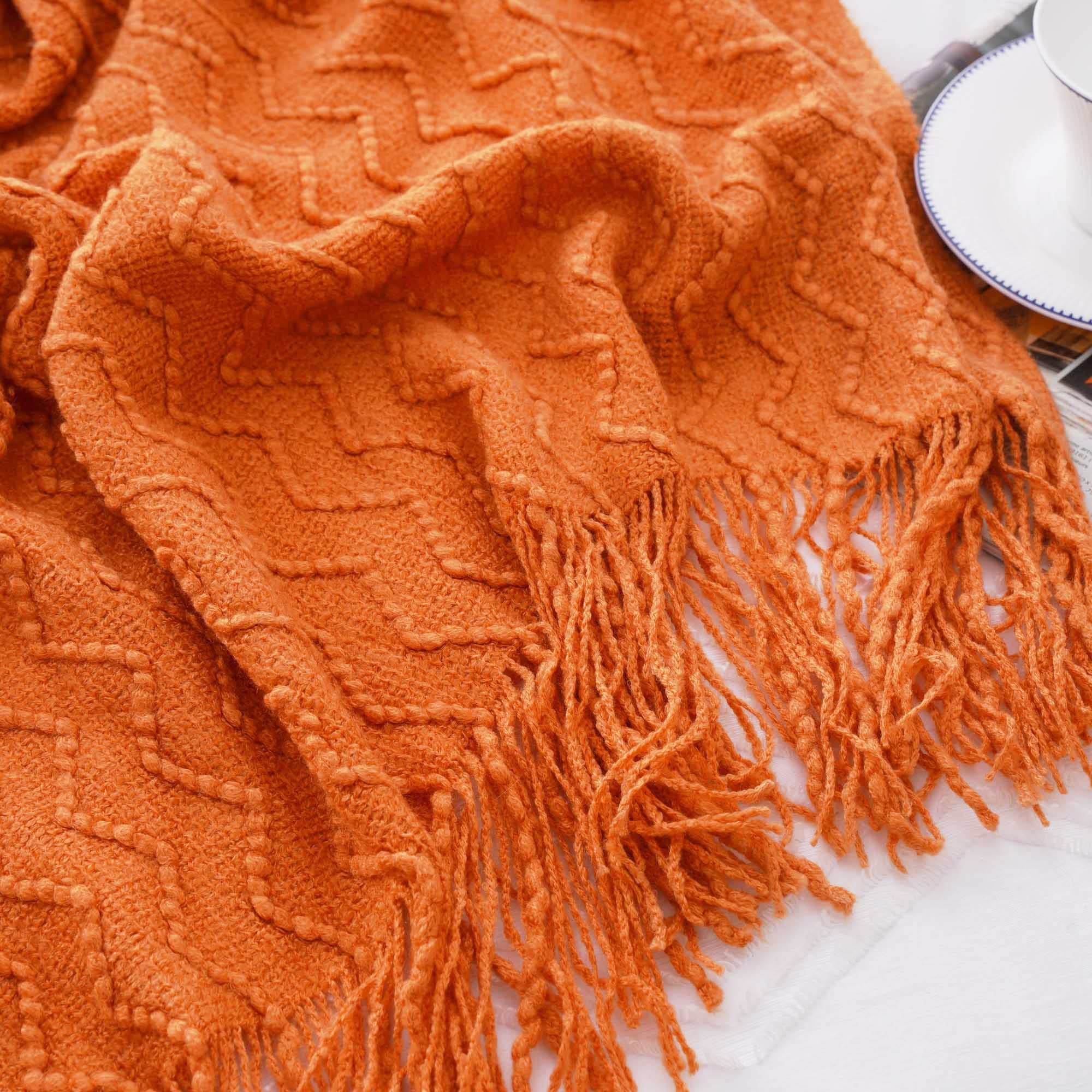 Burnt Orange Throw Blanket - Decorative Fall Throw Blanket with Tassels 50"x60"