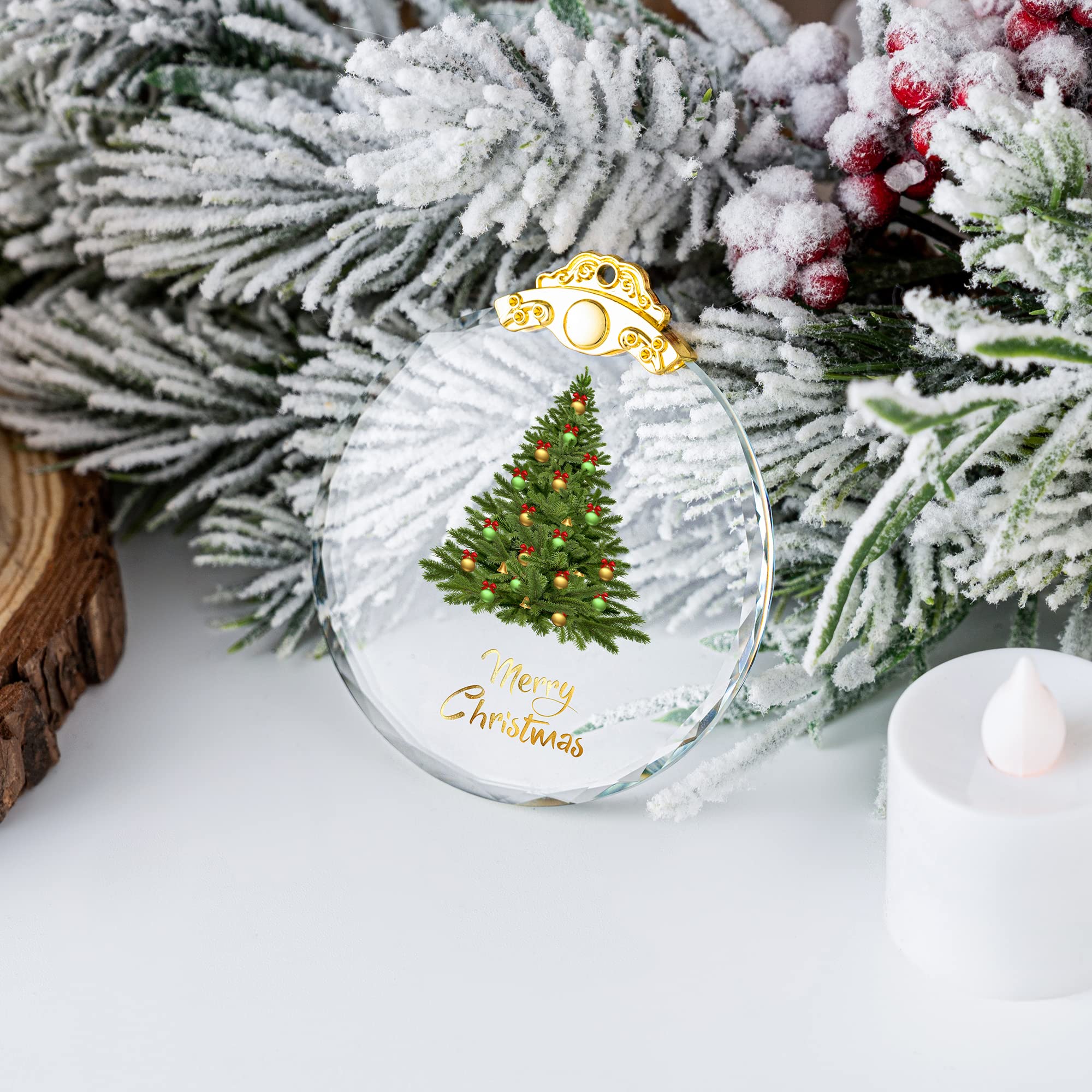 Crystal ornament with Christmas tree design, gold Merry Christmas, gold accents