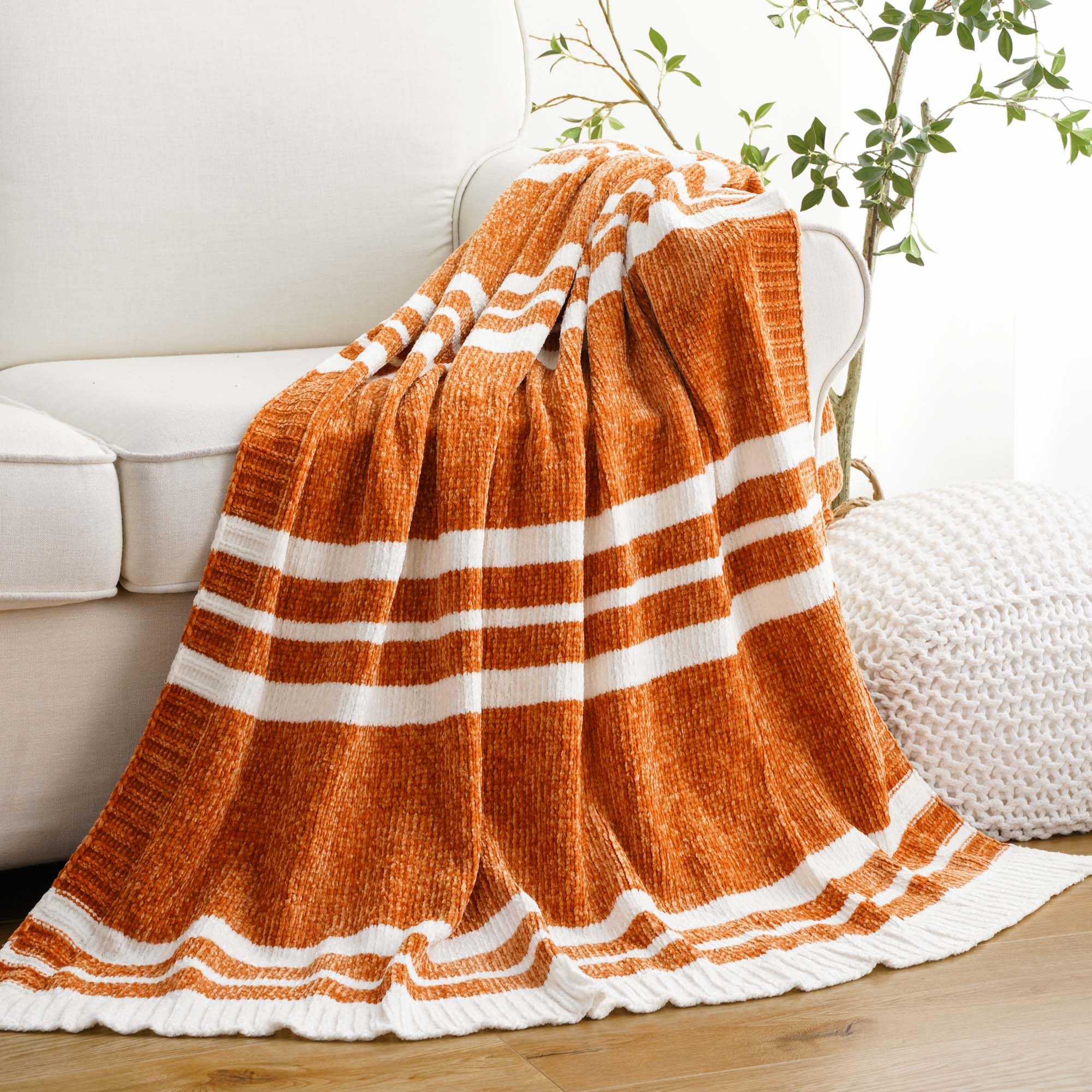 Burnt Orange & White Striped Throw Blanket for Couch, Chenille Knit Blanket