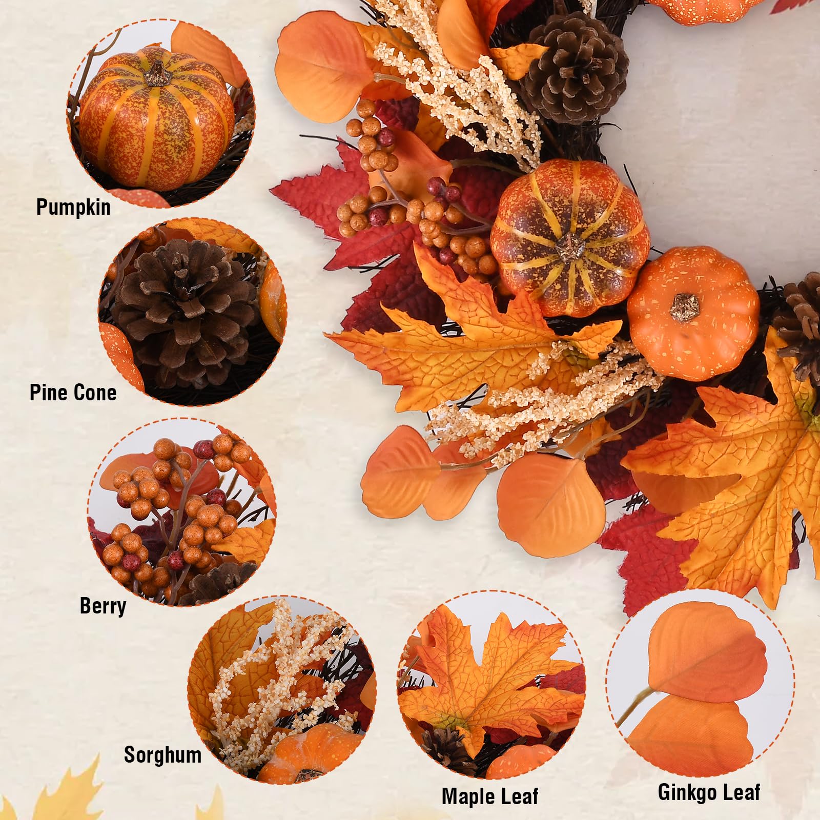 20 Inch Fall Wreath Decoration Leaf Pumpkin Pine Cone Berry Indoor/Outdoor
