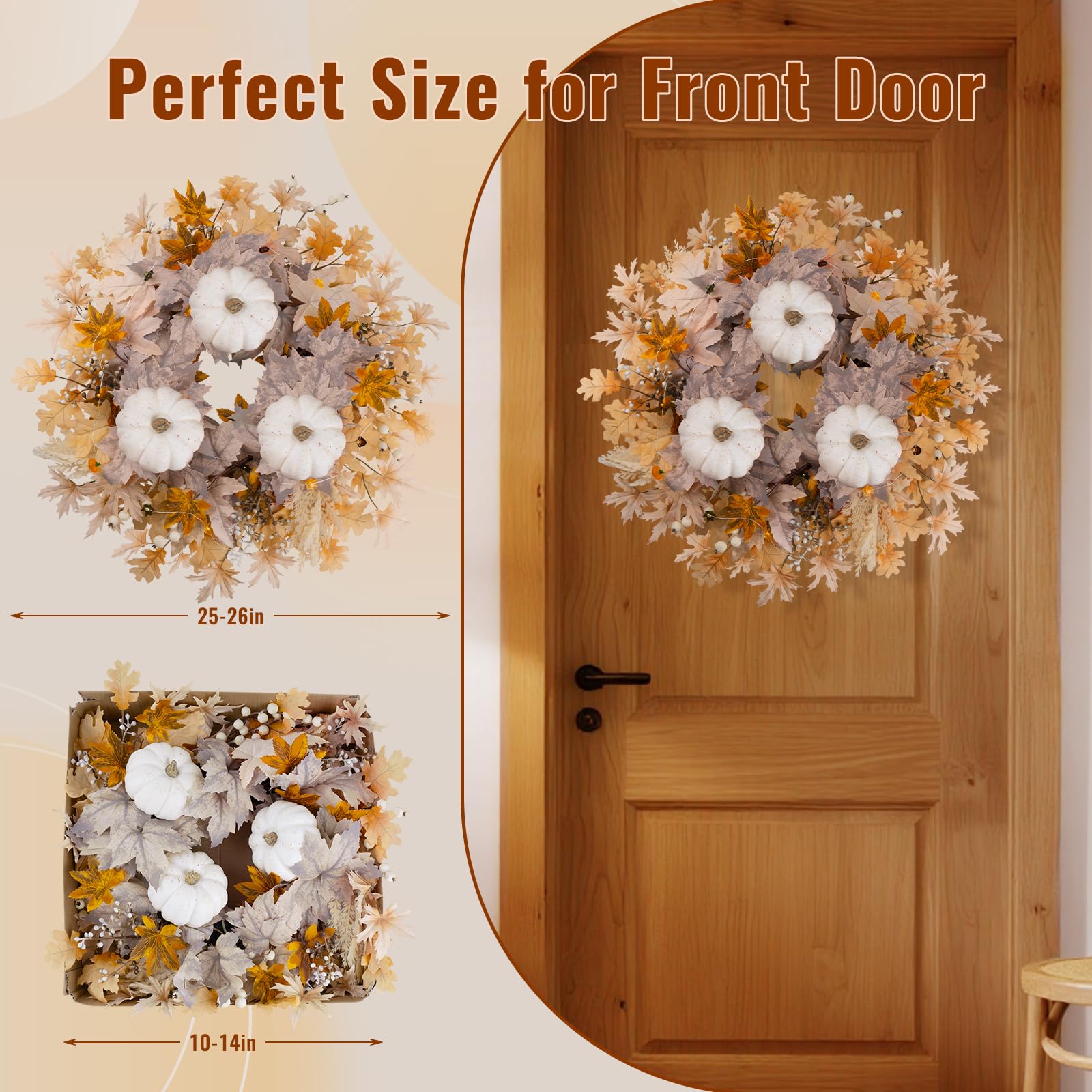 decorative fall wreath displayed on a wooden door with size measurements.