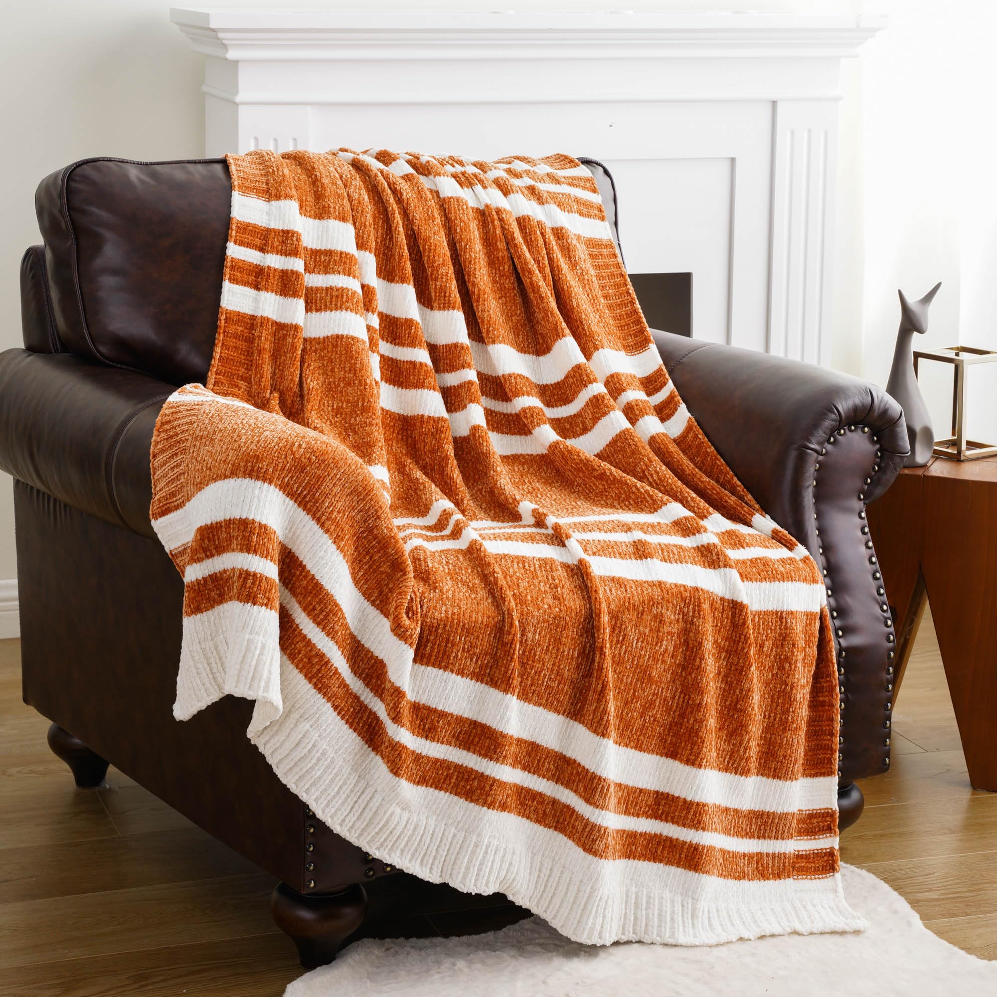 Burnt Orange & White Striped Throw Blanket for Couch, Chenille Knit Blanket