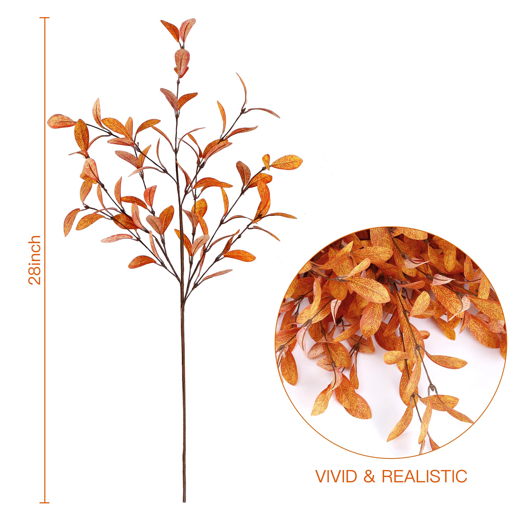6 Pcs Orange Artificial Fall Eucalyptus Stems Silk Autumn Leaf Branches
