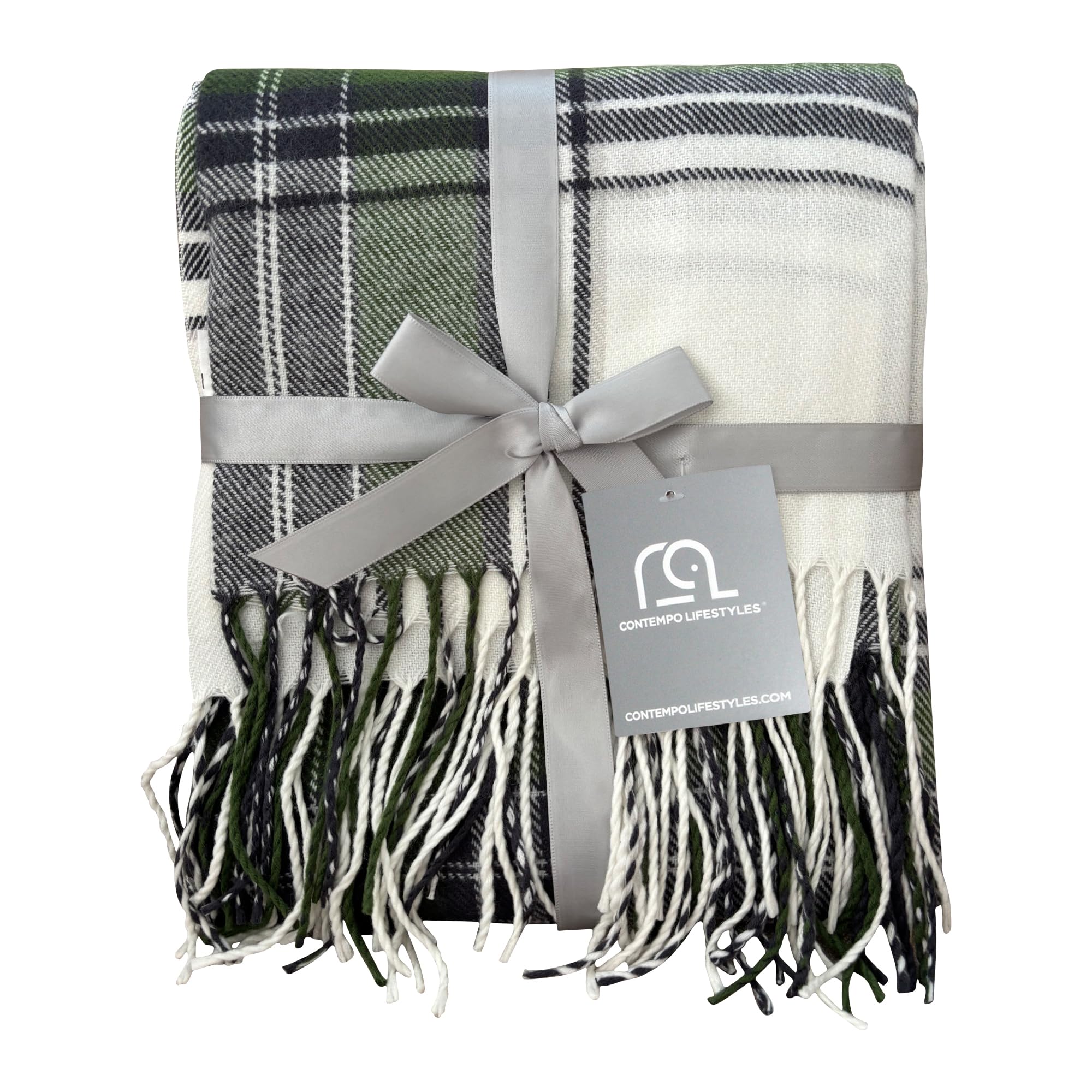 Plaid Throw Blanket - Classic Fringe Lightweight Ultra-Soft (50"x60", Olive Ivory Multi)