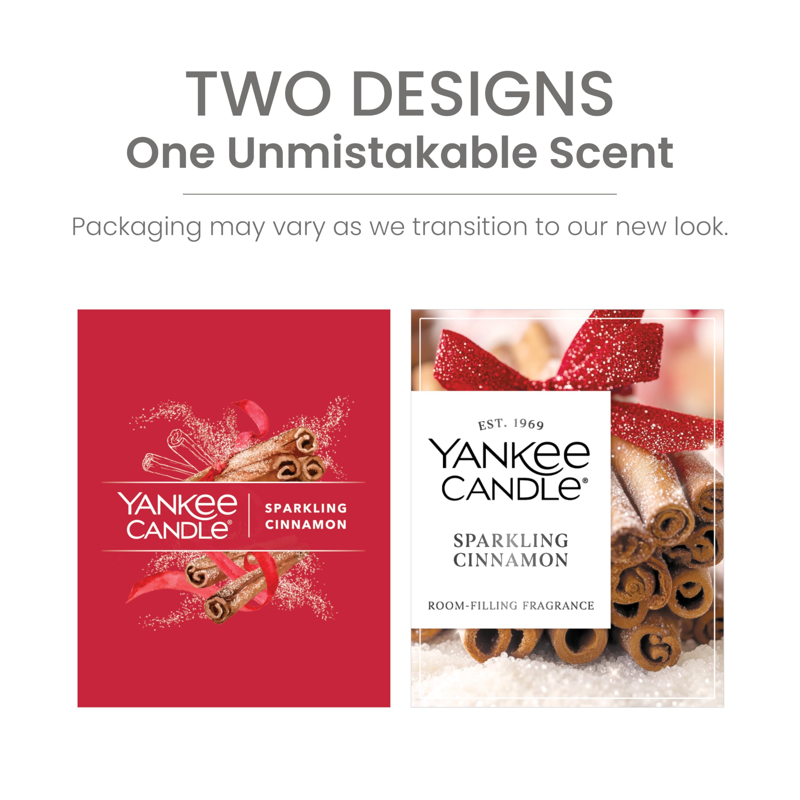 Yankee Candle Sparkling Cinnamon packaging with text about two designs and a new look.