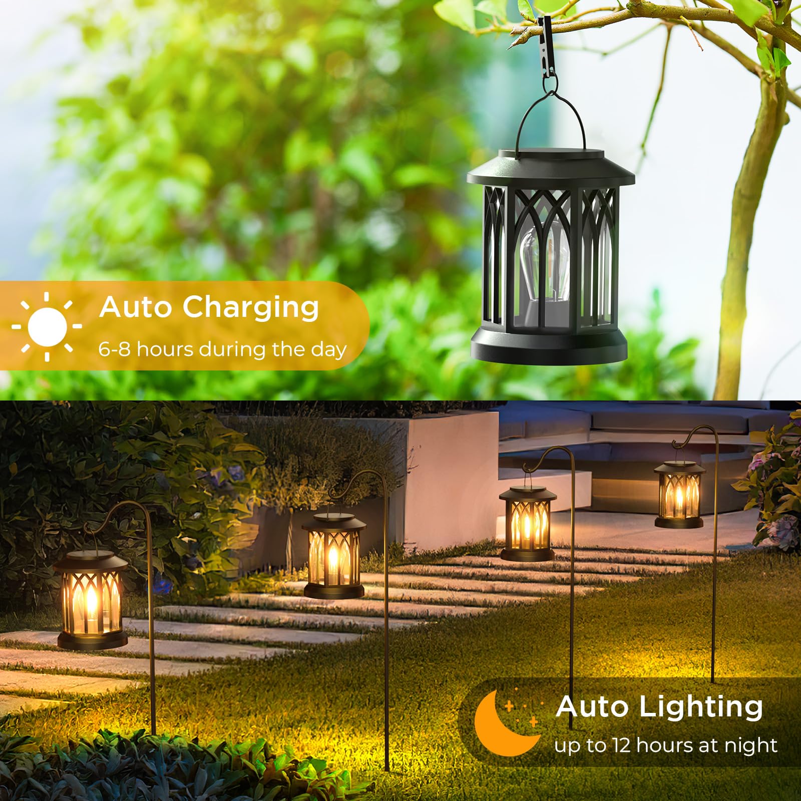 Solar-powered outdoor lanterns with auto charging and lighting features, used in a garden and pathway setting.