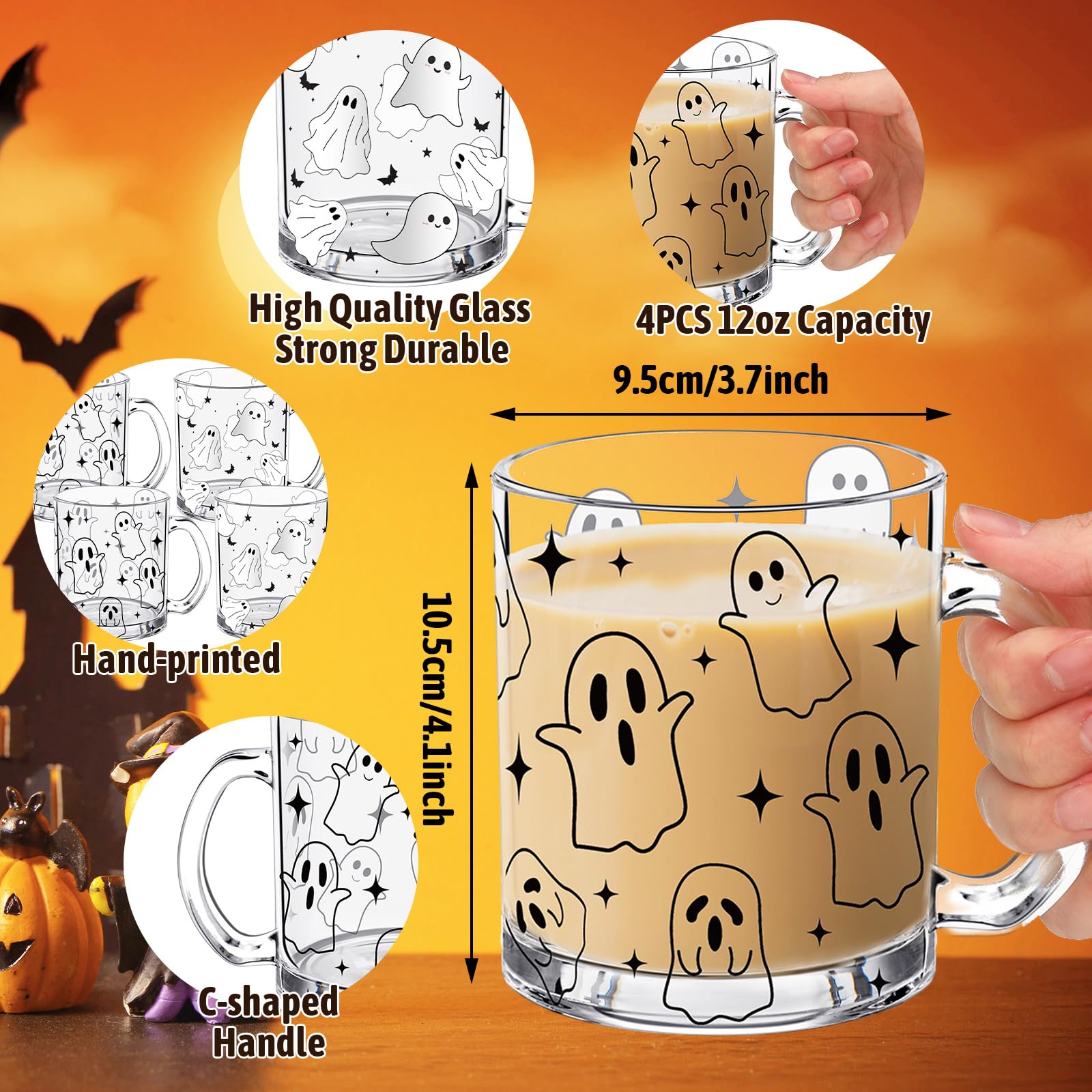 4 Pcs Halloween Ghosts Glass Coffee Mugs with Handle, 12oz