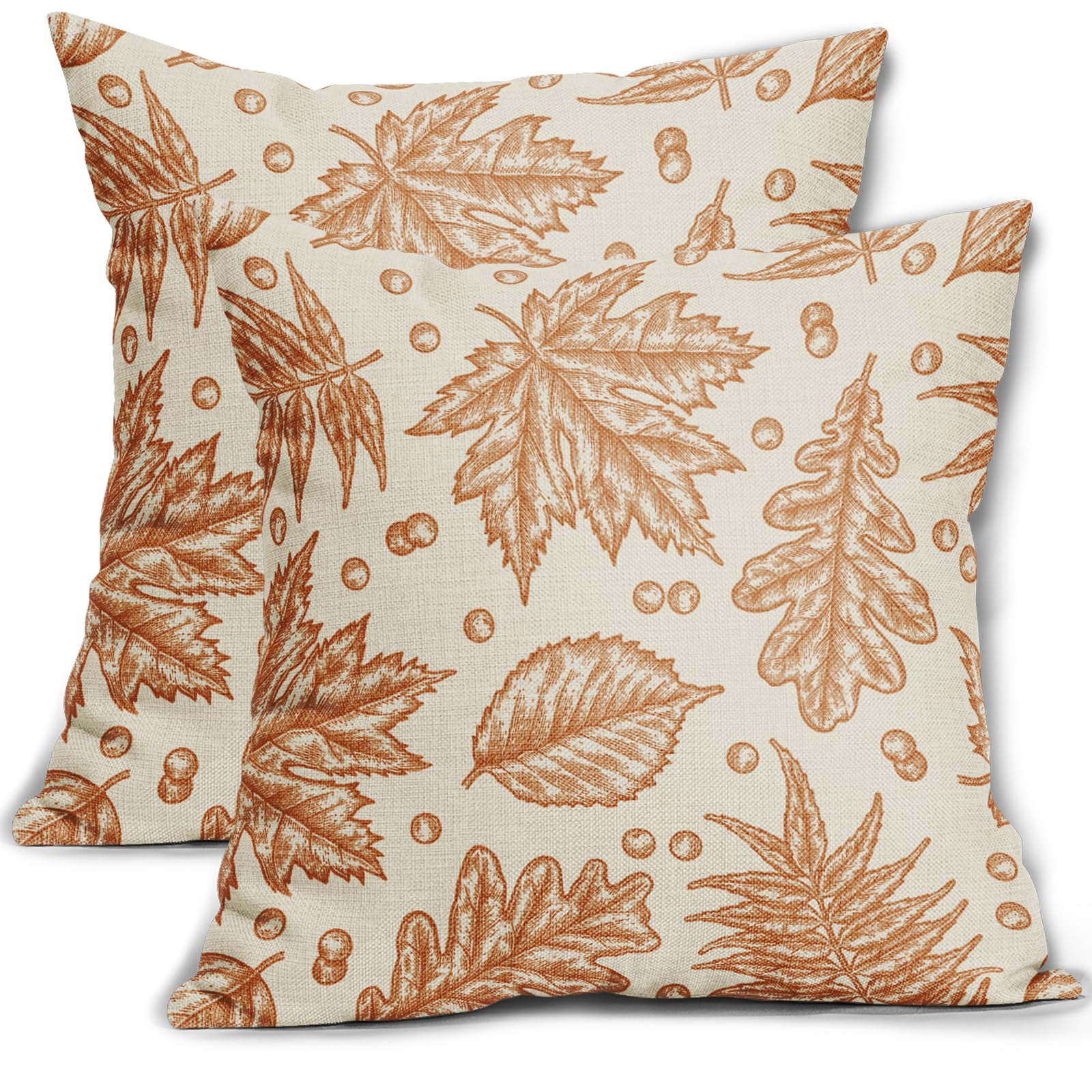 Set of 2 Burnt Orange Maple Leaf Autumn Harvest Print Pillow Covers