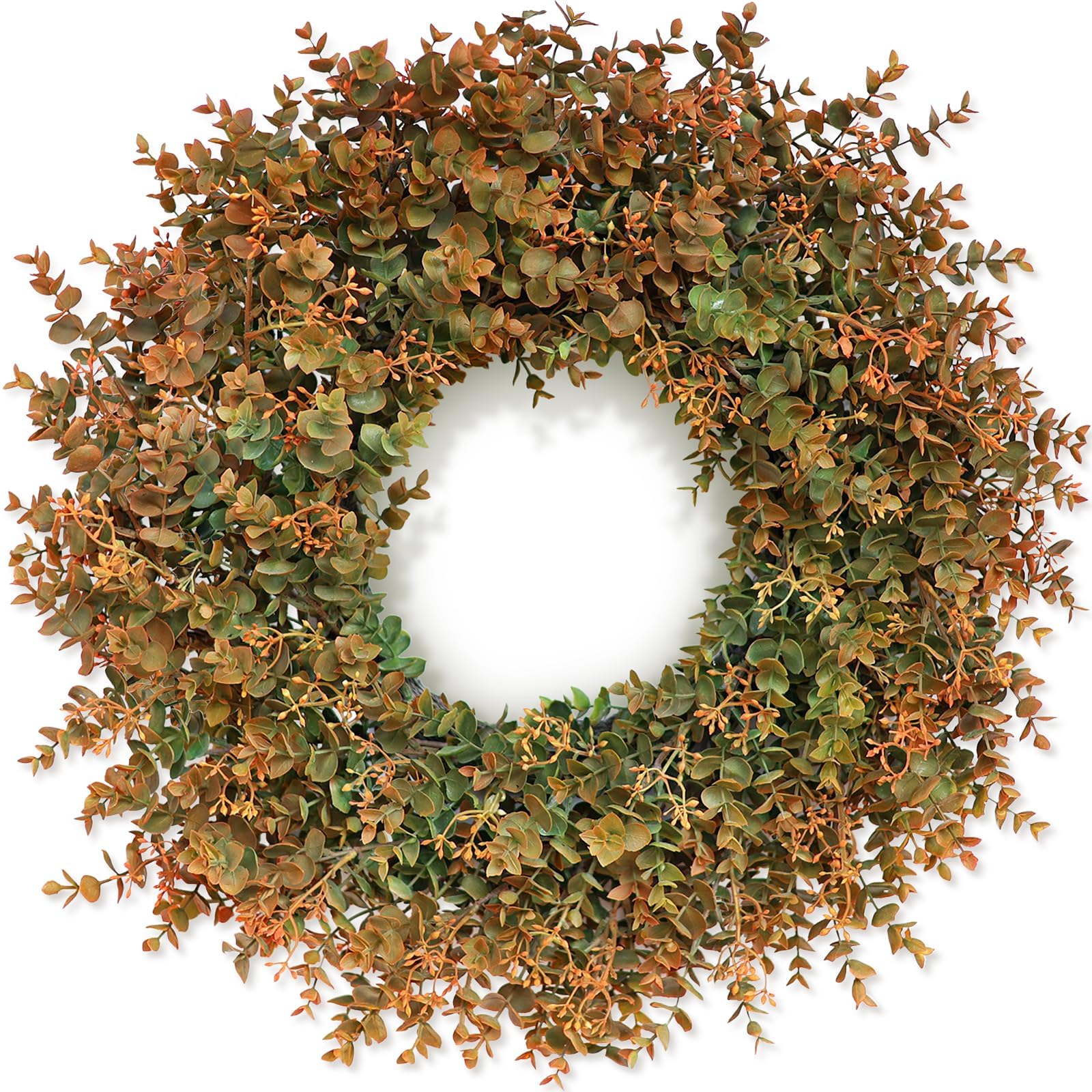 26" Large Artificial Eucalyptus Leaves with Orange Seeds Wreath Indoor/Outdoor