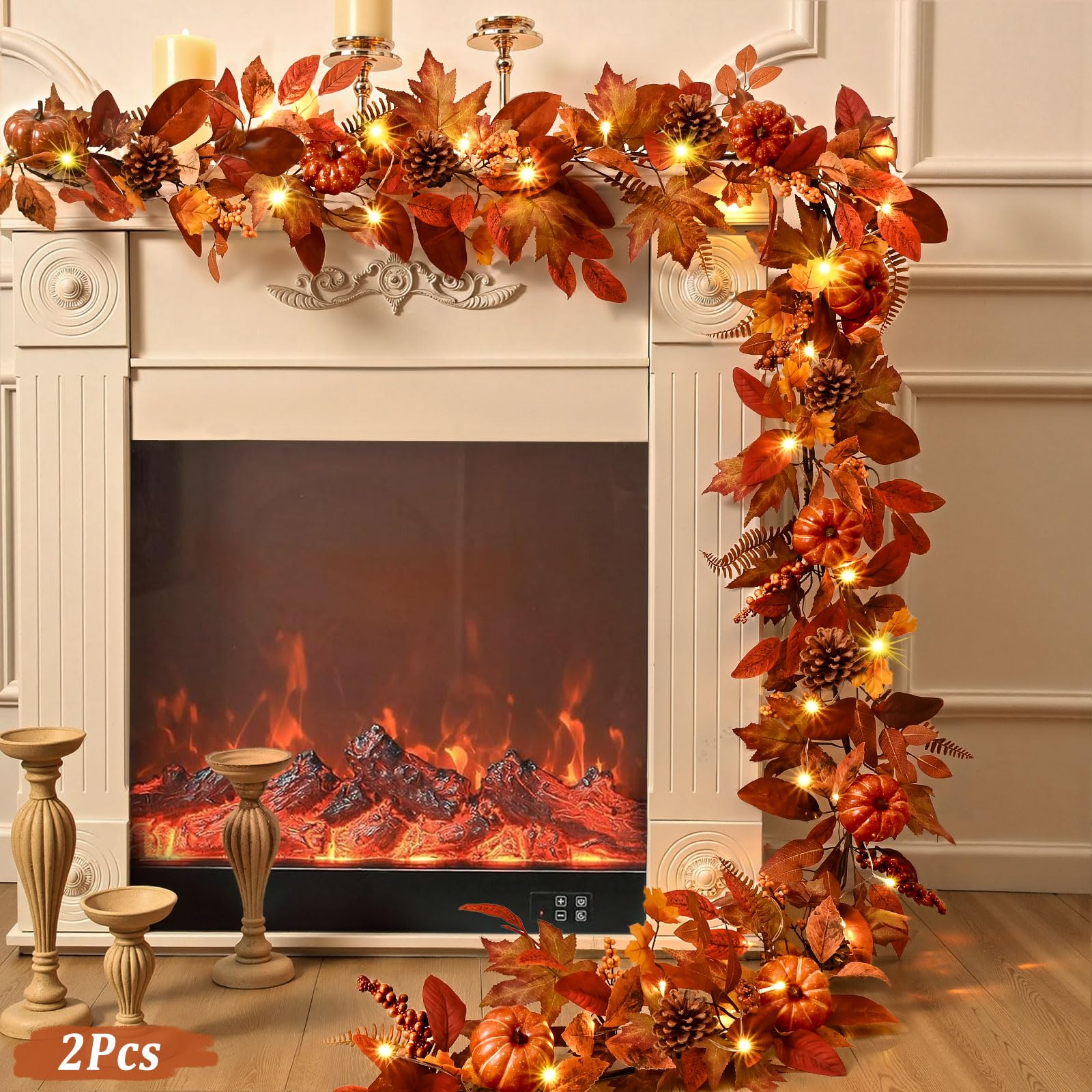 1 Pc 6 FT Fall Garland with Lights, Artificial Autumn Leaves & Pumpkin Vine