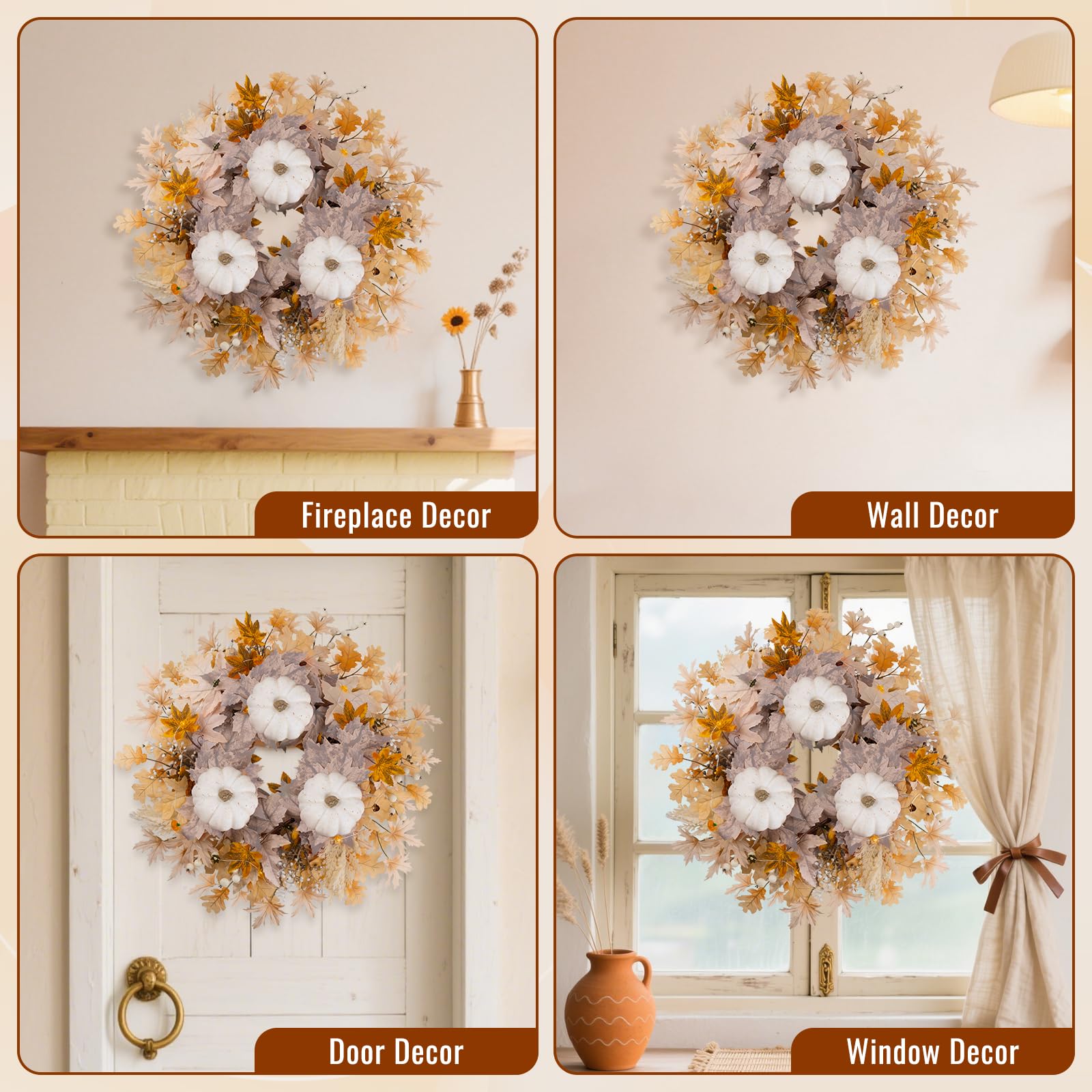 Decorative wreath shown in various placements including fireplace, wall, door, and window.