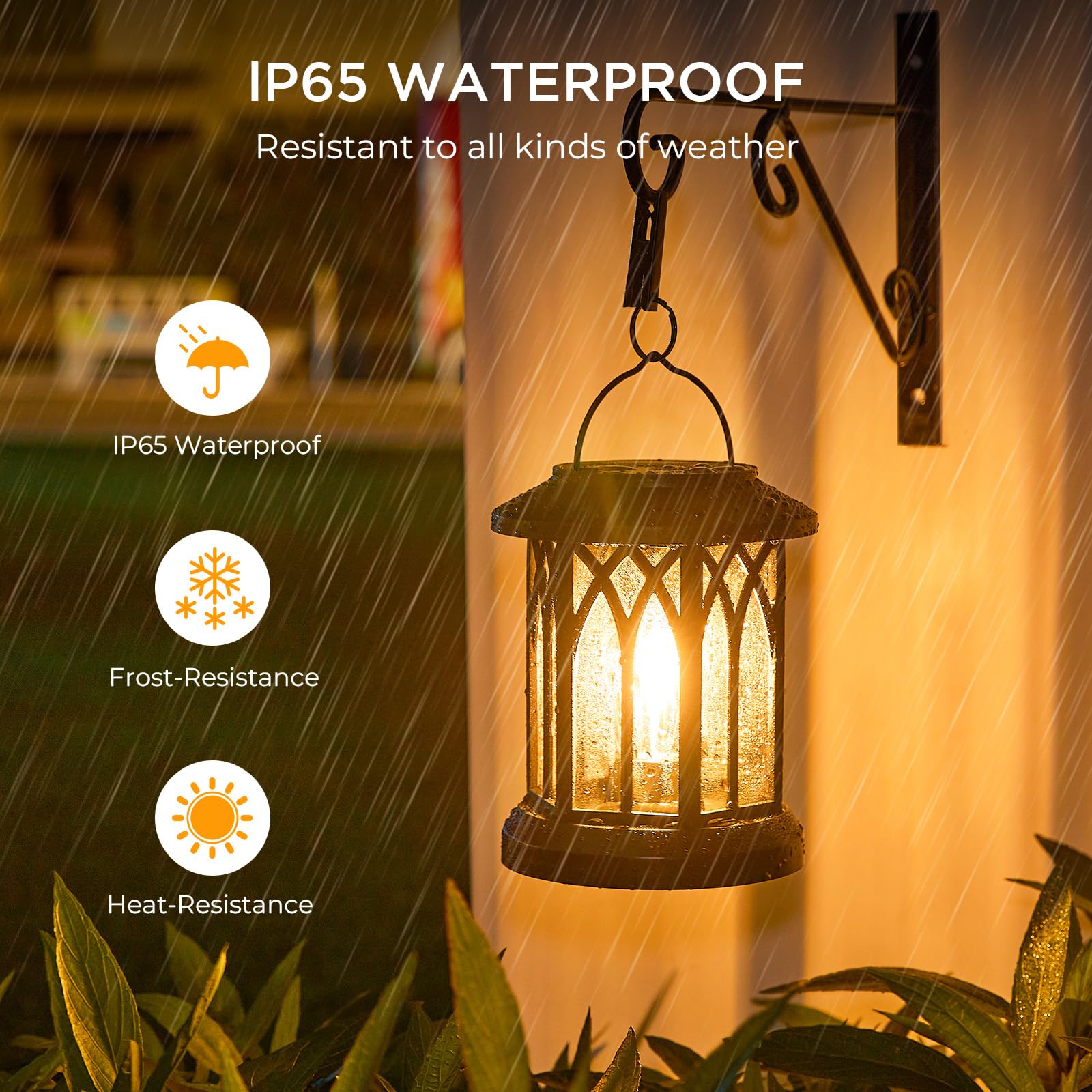 Outdoor lantern with IP65 waterproof feature during rain, glowing warmly.