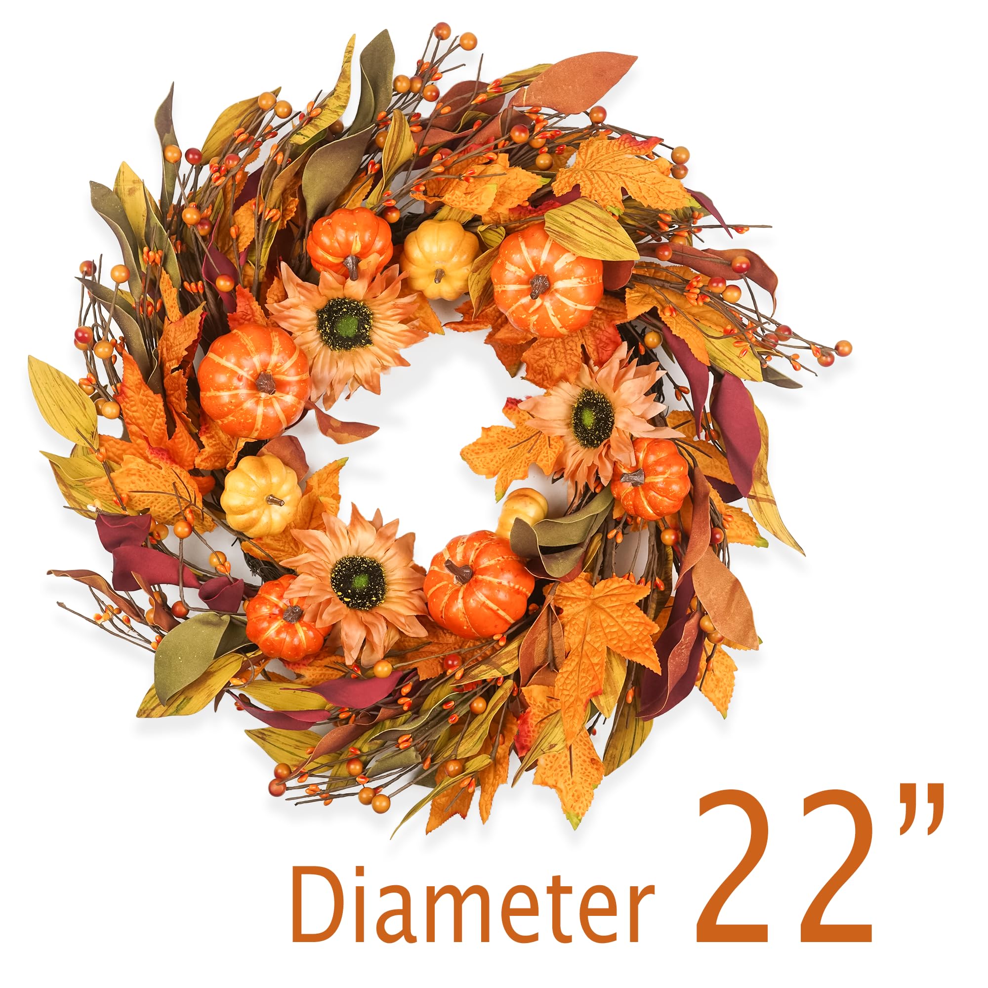 22 Inch Autumn Wreath with Berry, Pumpkin & Maple Leaves Indoor/Outdoor