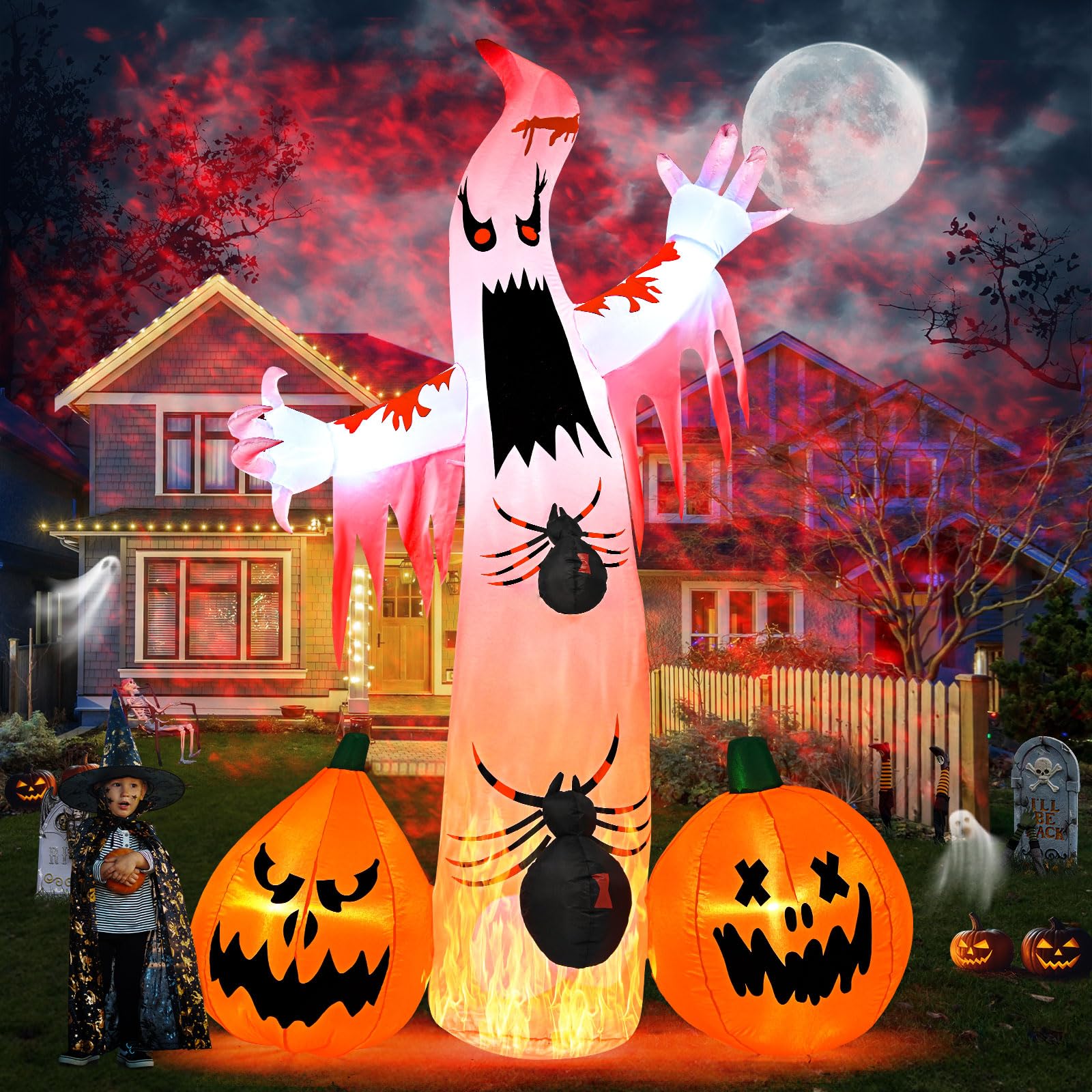 8FT Scary Halloween Inflatable Outdoor Ghost with Pumpkins