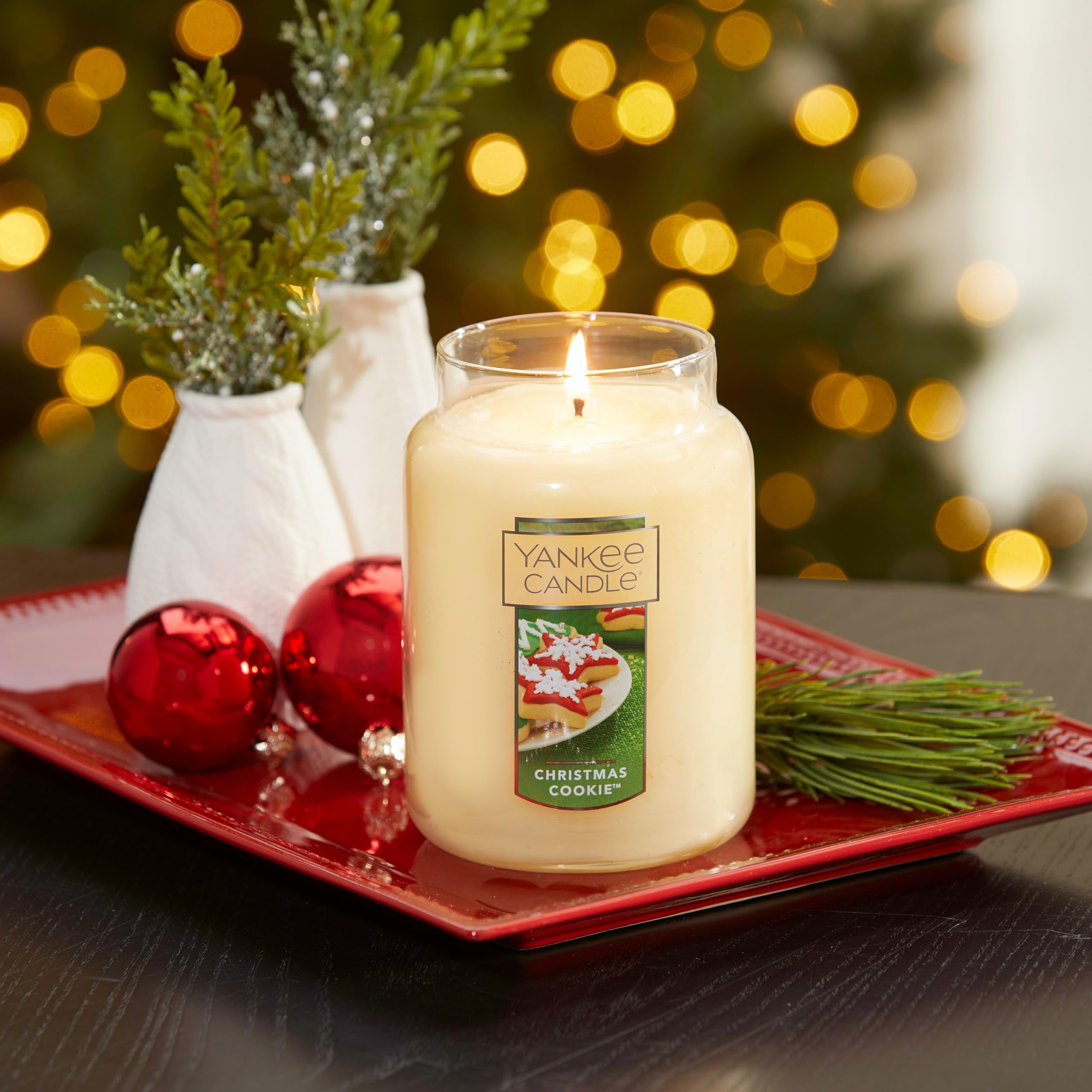 Christmas Cookie candle on tray with holiday decor