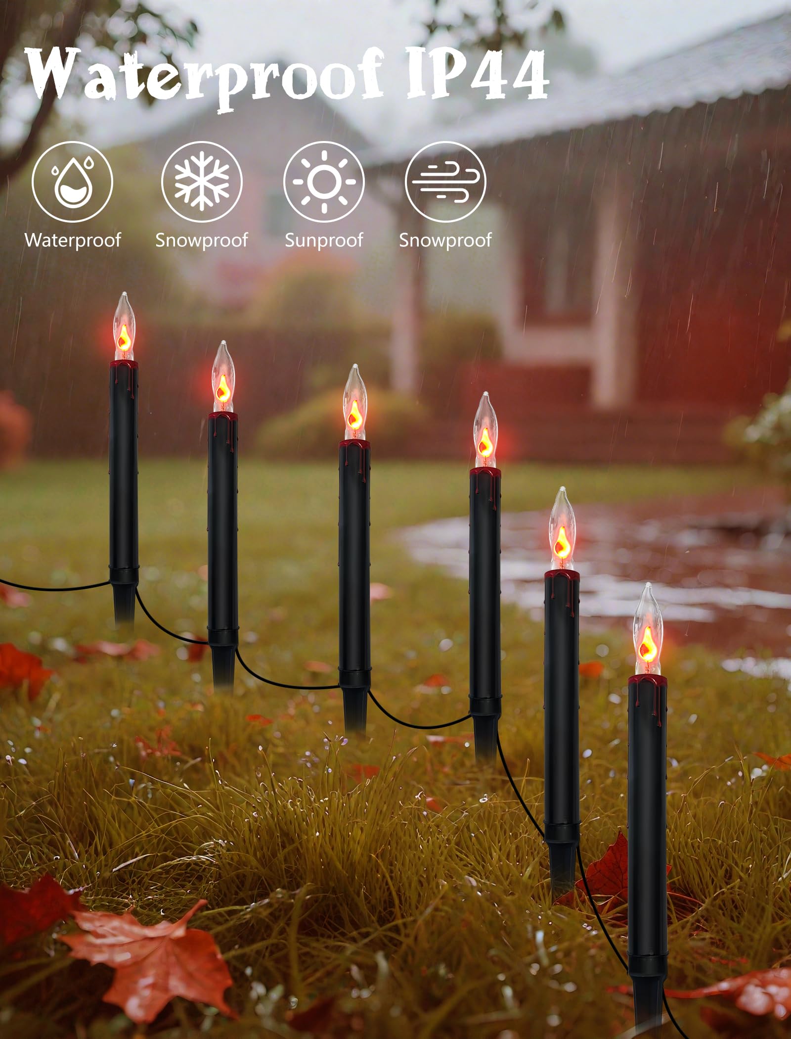 19.5Ft 10 Flicker Flame Black Candles Stakes Outdoor Pathway Lights Waterproof
