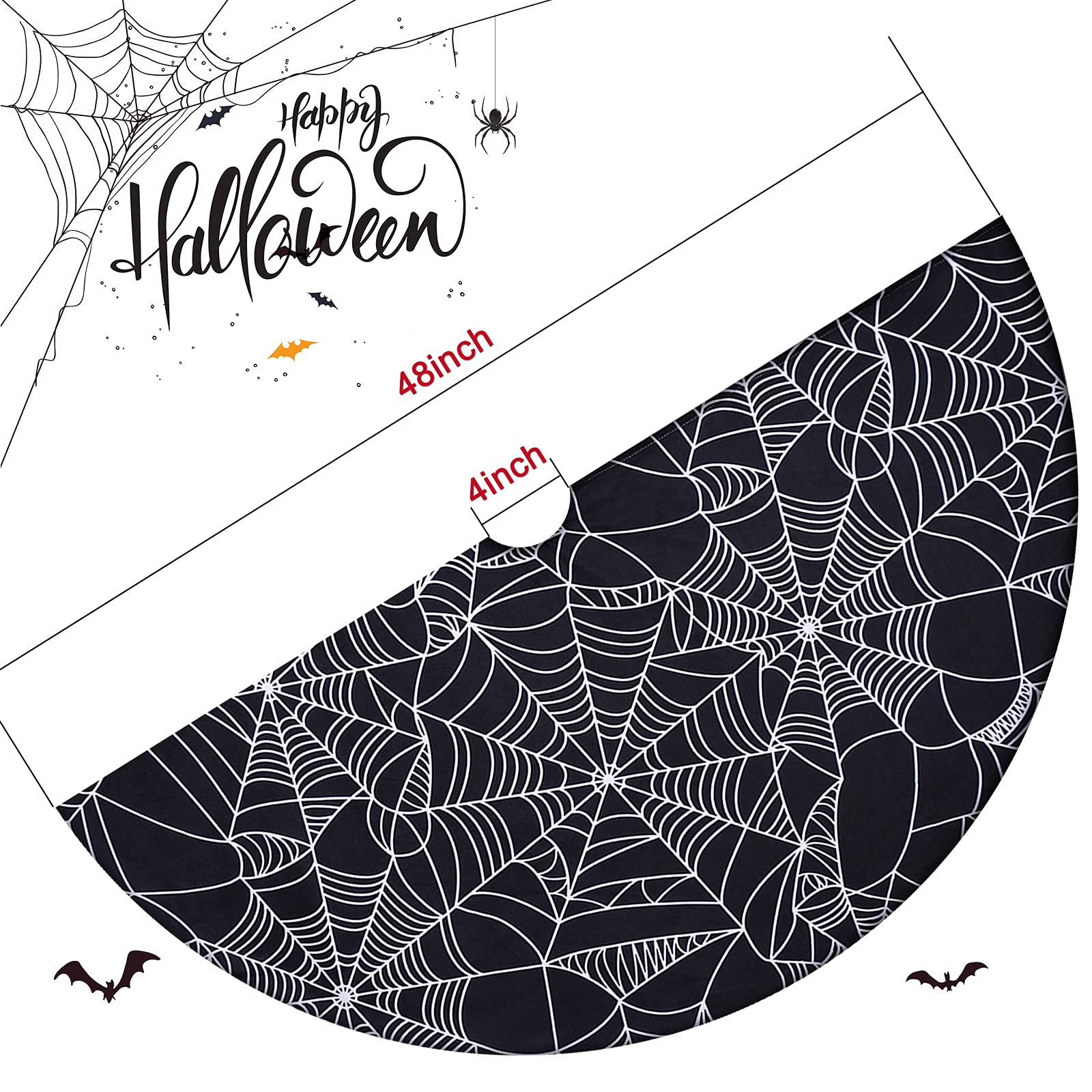 48” Spider Web Tree Skirt,  Black Halloween Tree Skirt for 6-7.5 ft Tree