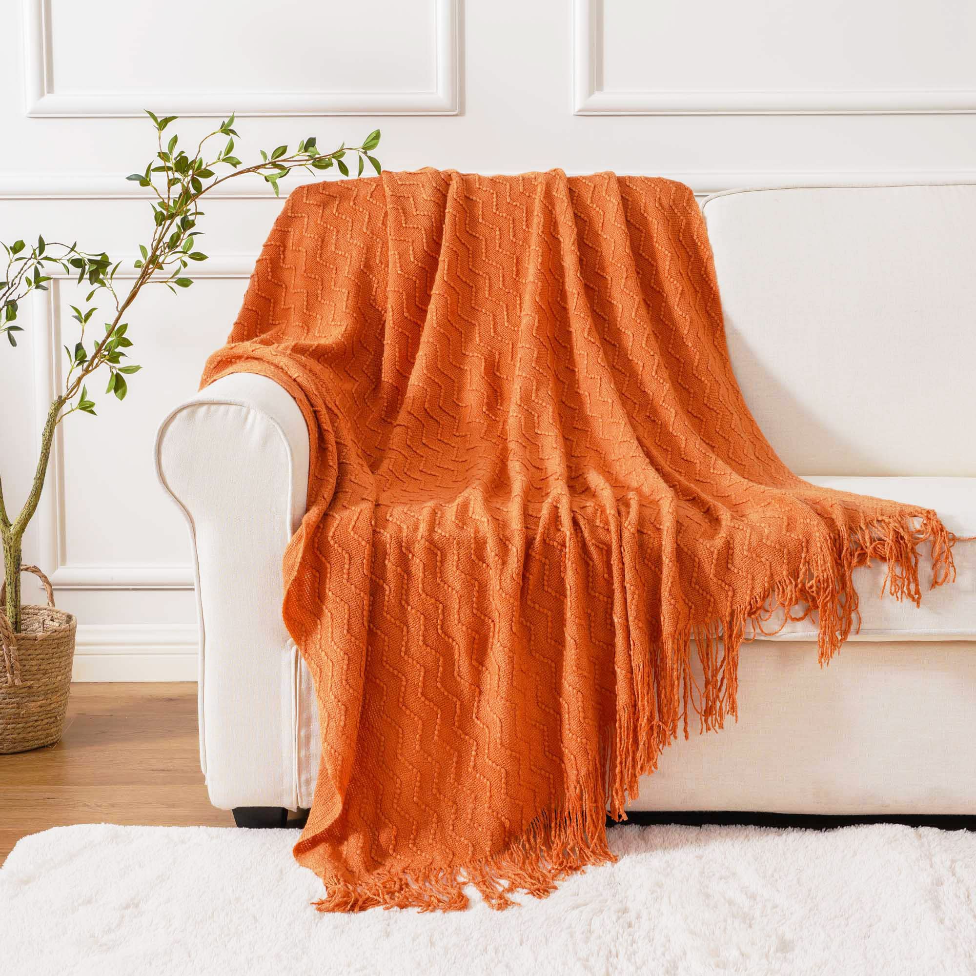 Burnt Orange Throw Blanket - Decorative Fall Throw Blanket with Tassels 50"x60"