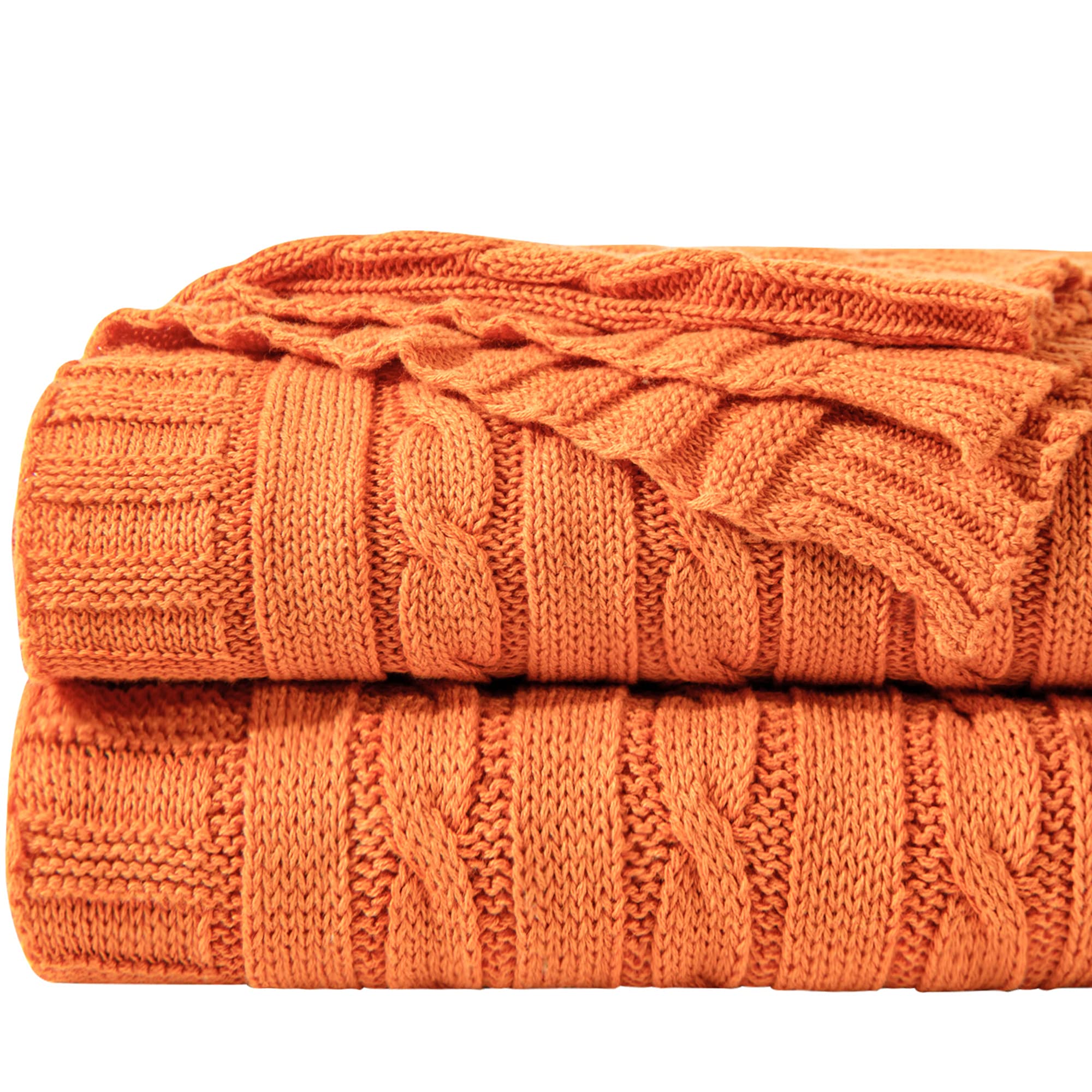 Orange Pure Cotton Cable Knit Throw Blanket