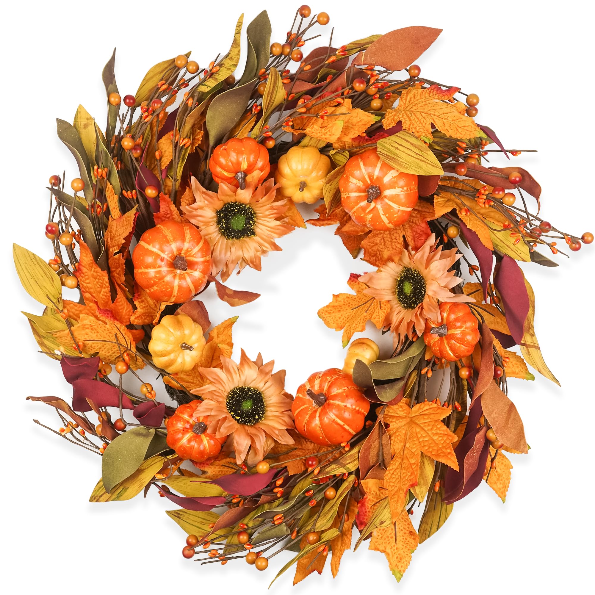 22 Inch Autumn Wreath with Berry, Pumpkin & Maple Leaves Indoor/Outdoor