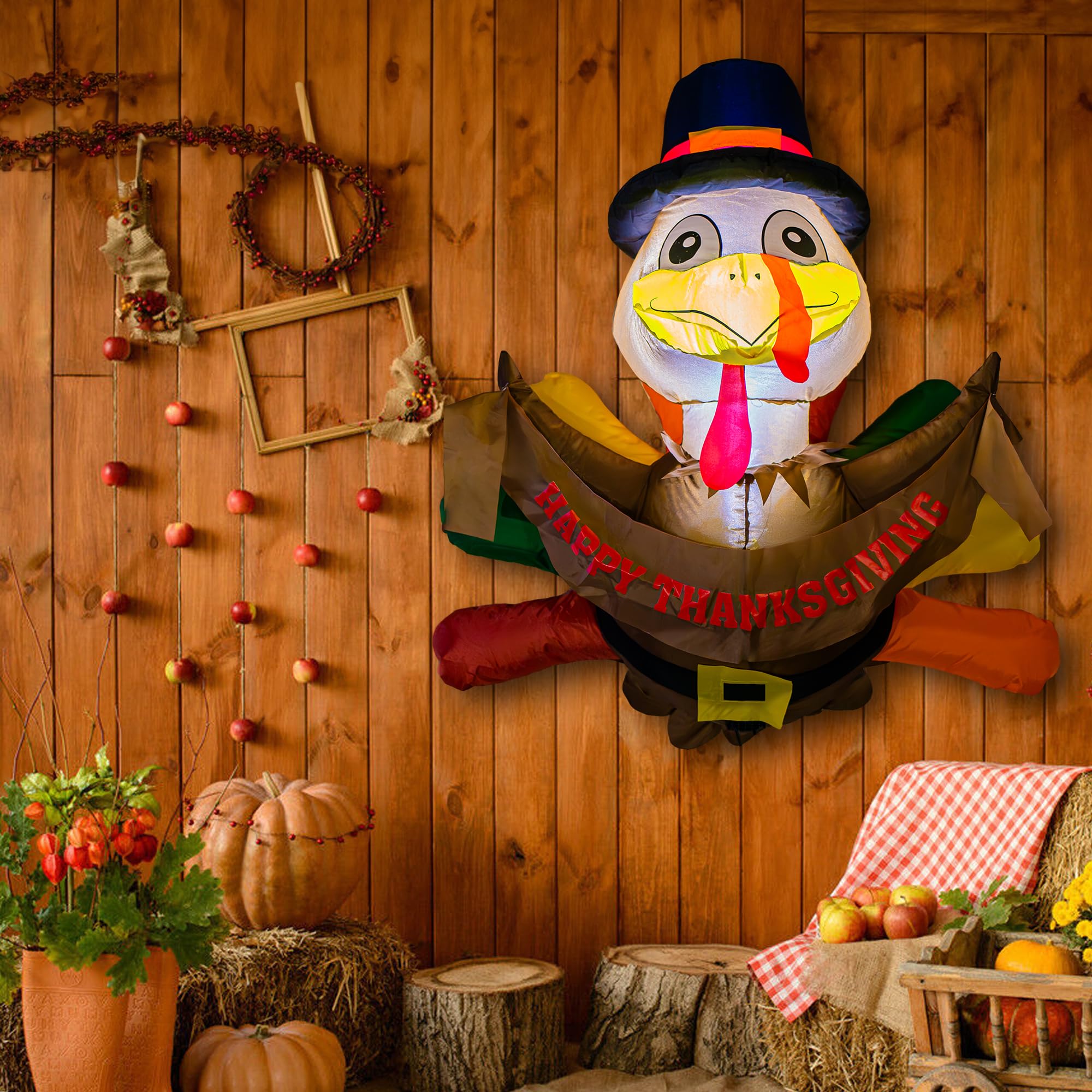 3.5 FT Thanksgiving Inflatable Turkey Window Decor with LED