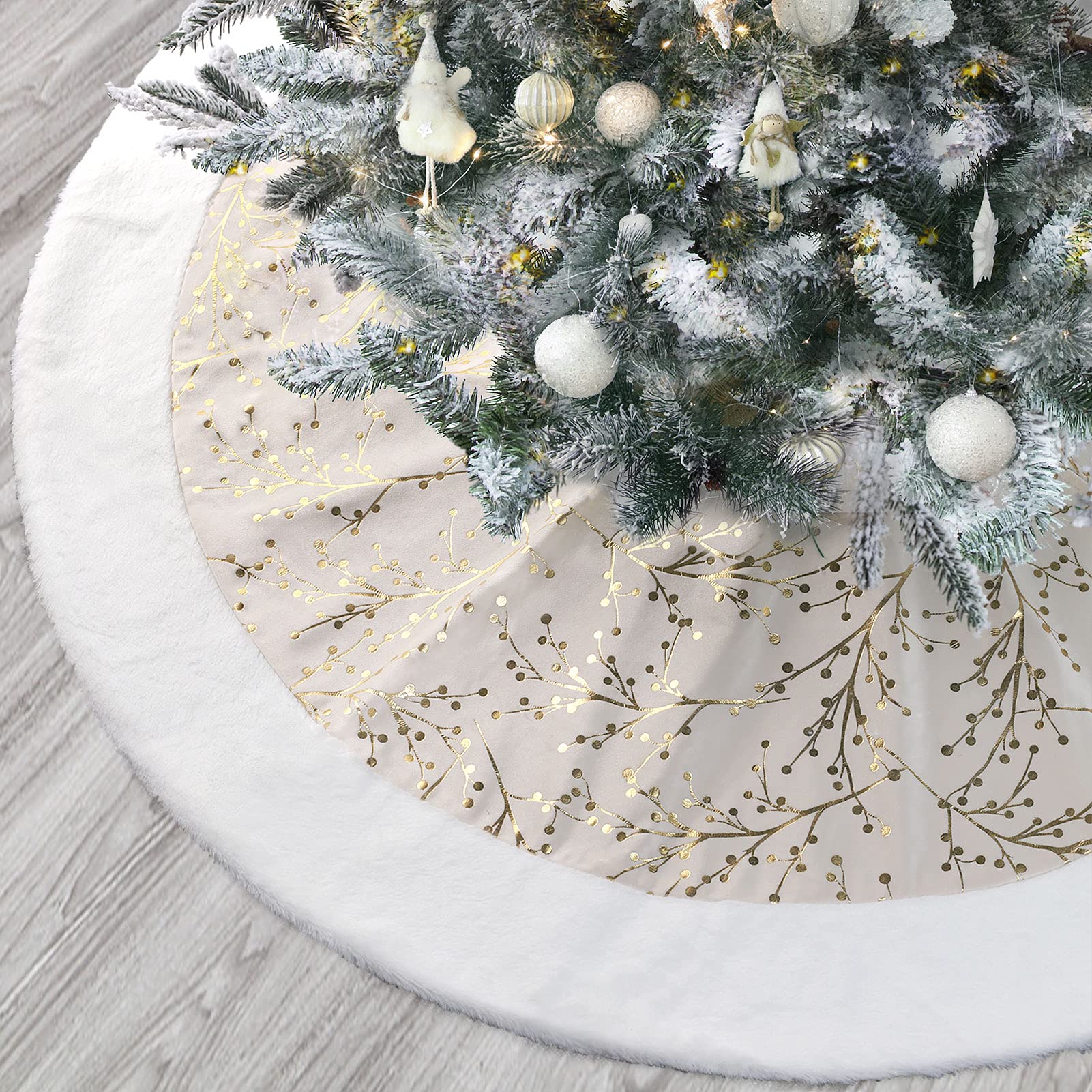 Christmas Tree Skirt, Gold White 48 Inch Faux Fur Plush Christmas Decorations Tree Base Mat Thick Velvet Rugs for Holiday Home Decor Party Xmas