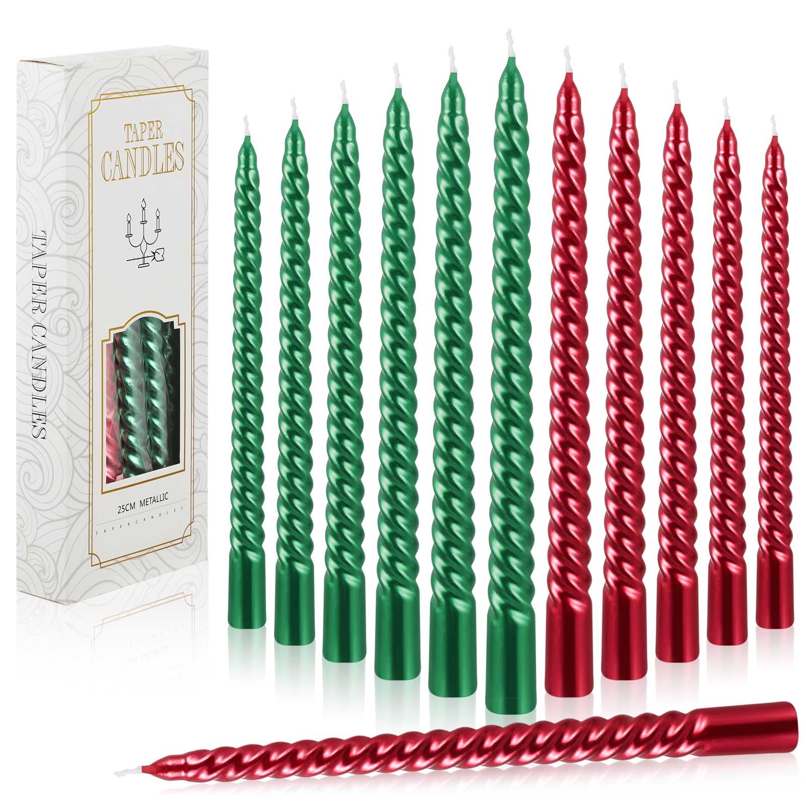 12 Pcs 10 Inch Red & Green Christmas Spiral Taper Candles