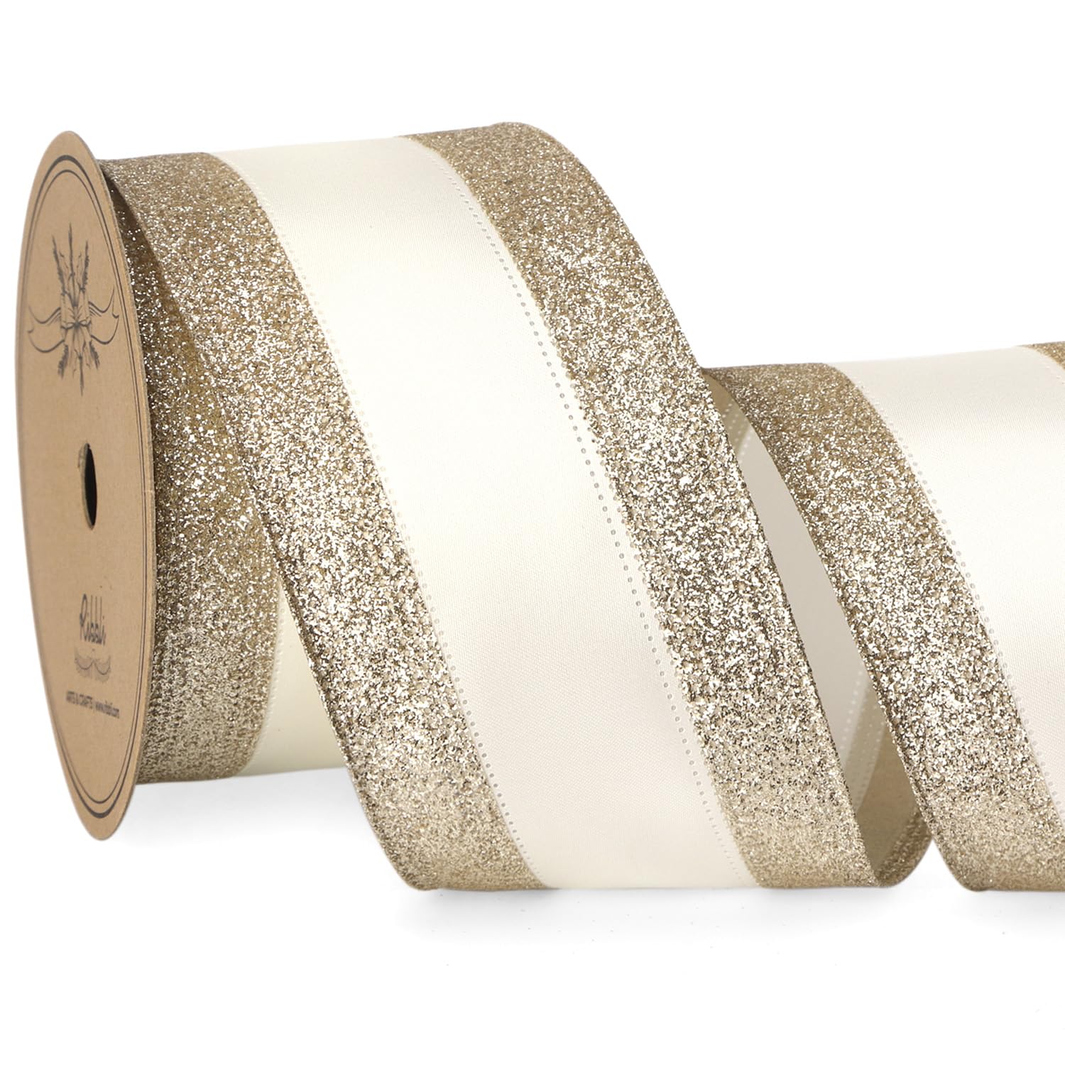 10 Yards 2.5Inch Champagne Wired Ribbon with Glitter Edge