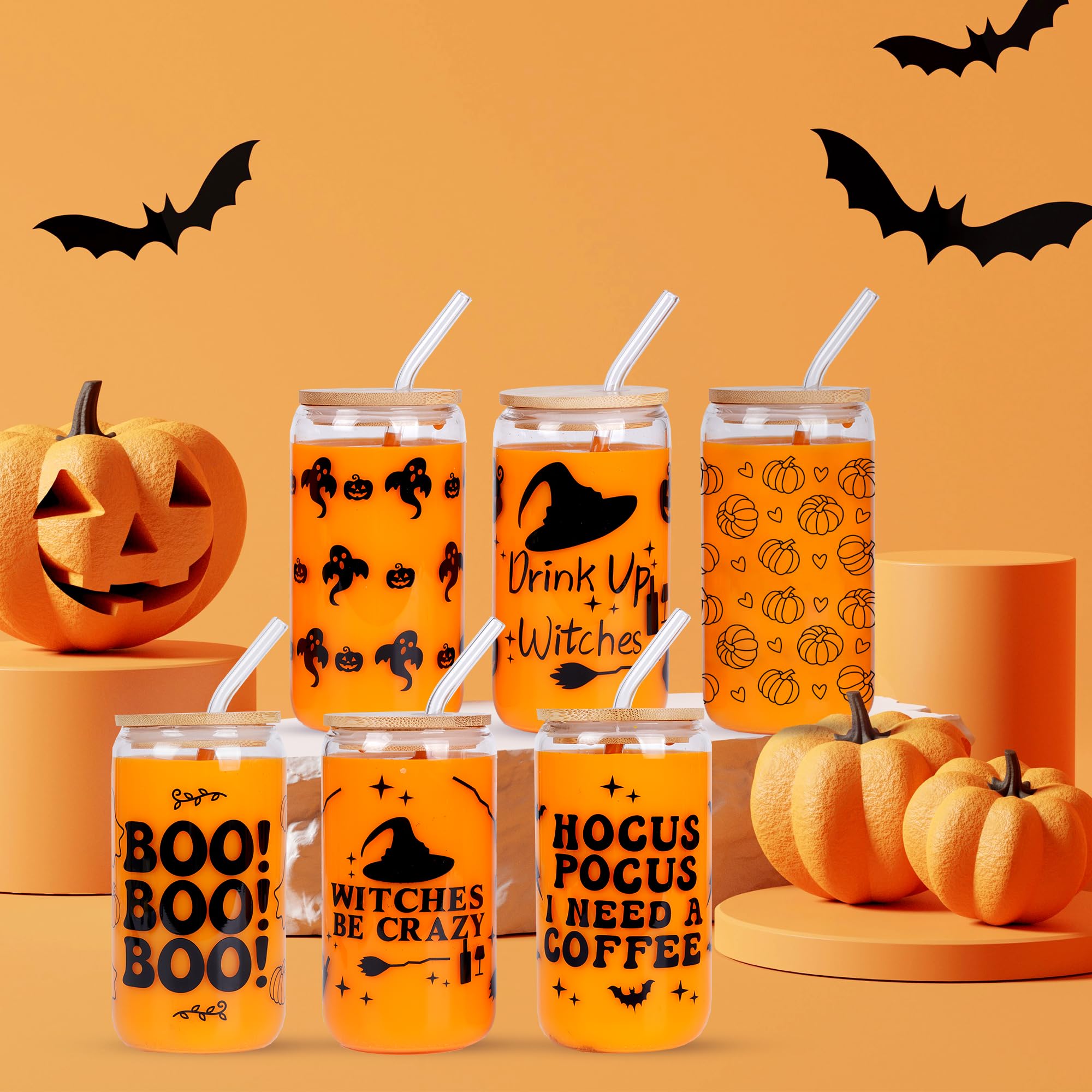 6 Pc Halloween Can Glass Set with Bamboo Lid 16oz