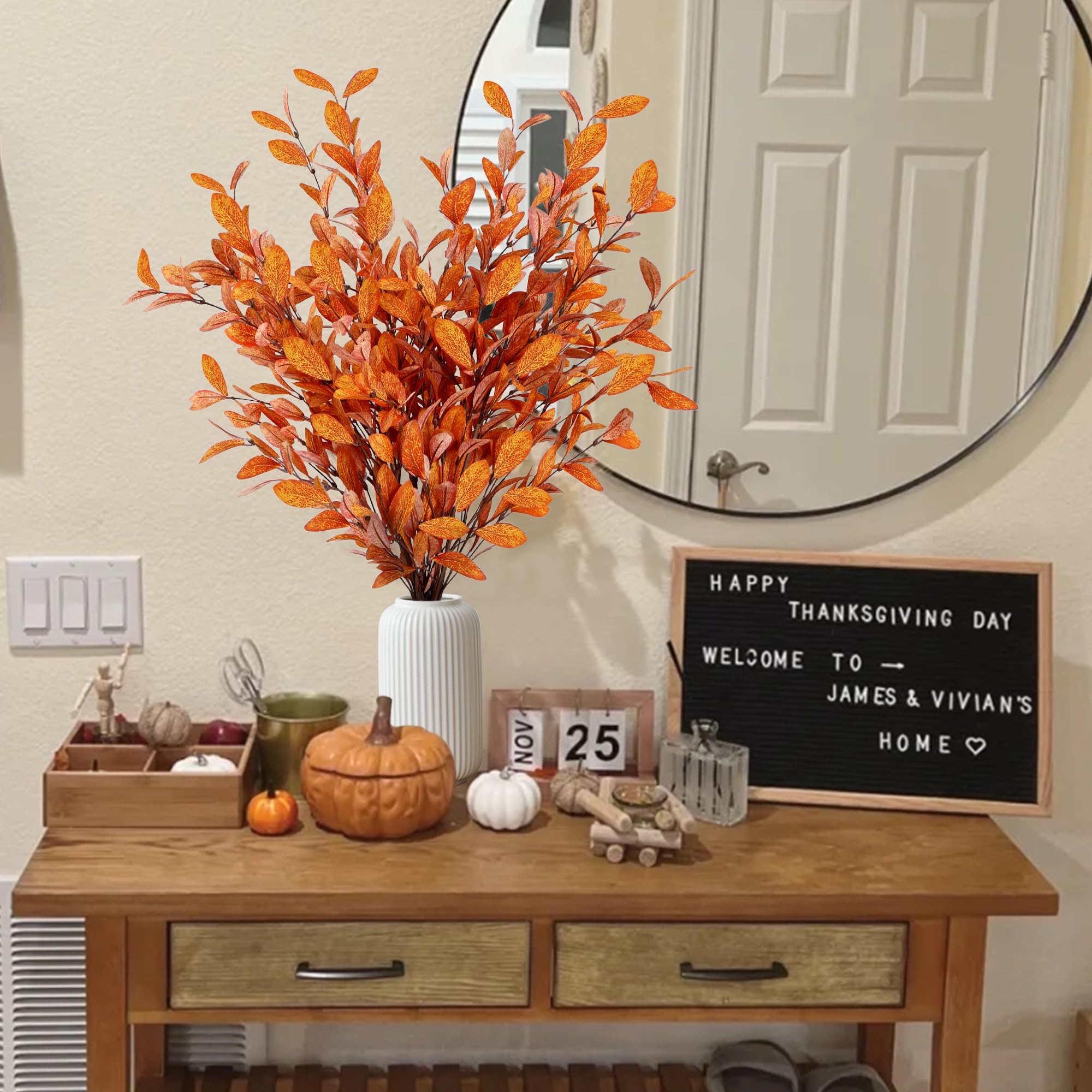 6 Pcs Orange Artificial Fall Eucalyptus Stems Silk Autumn Leaf Branches